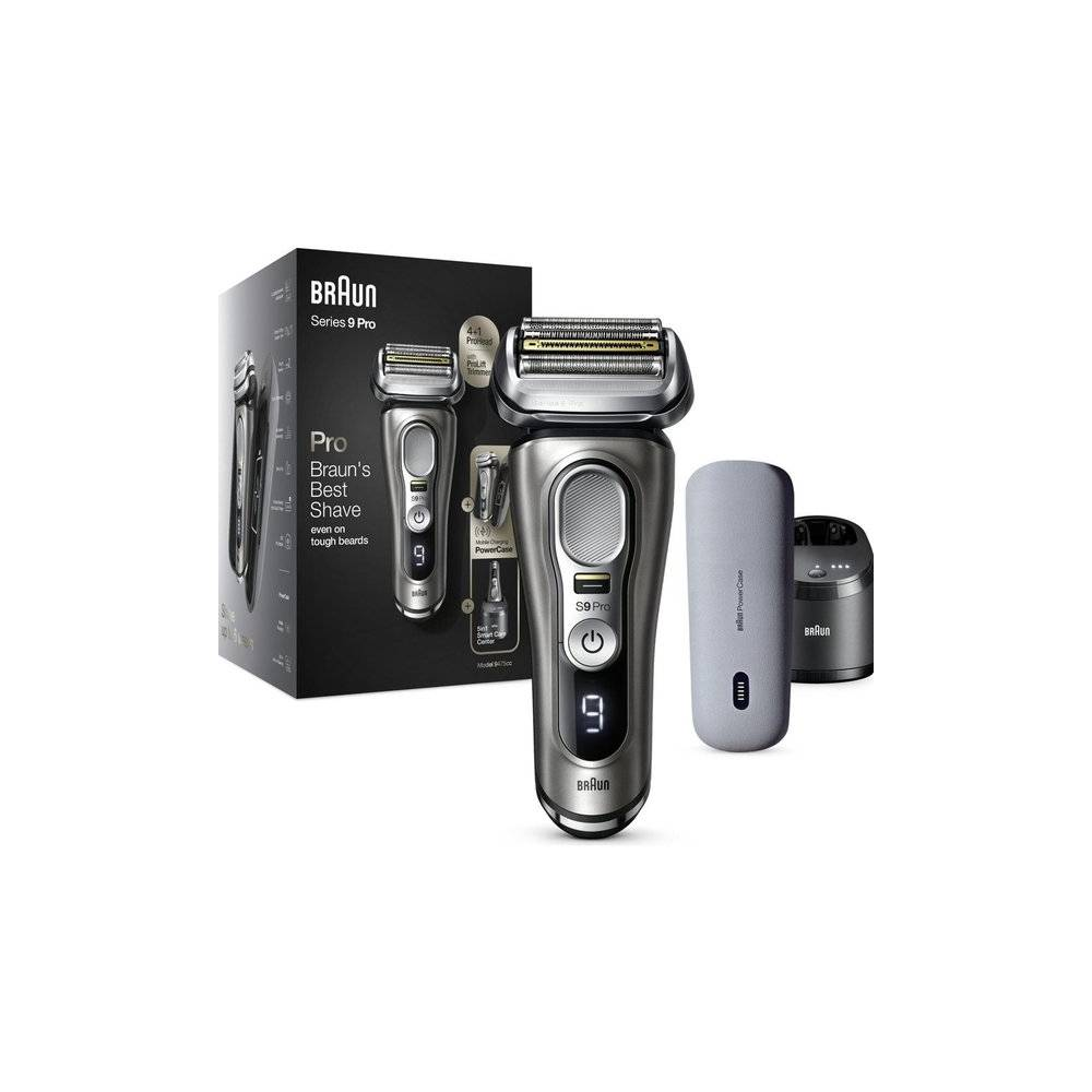 Beyaz zemin üzerinde aksesuarlarıyla birlikte bir Braun Series 9 Pro elektrikli tıraş makinesi.