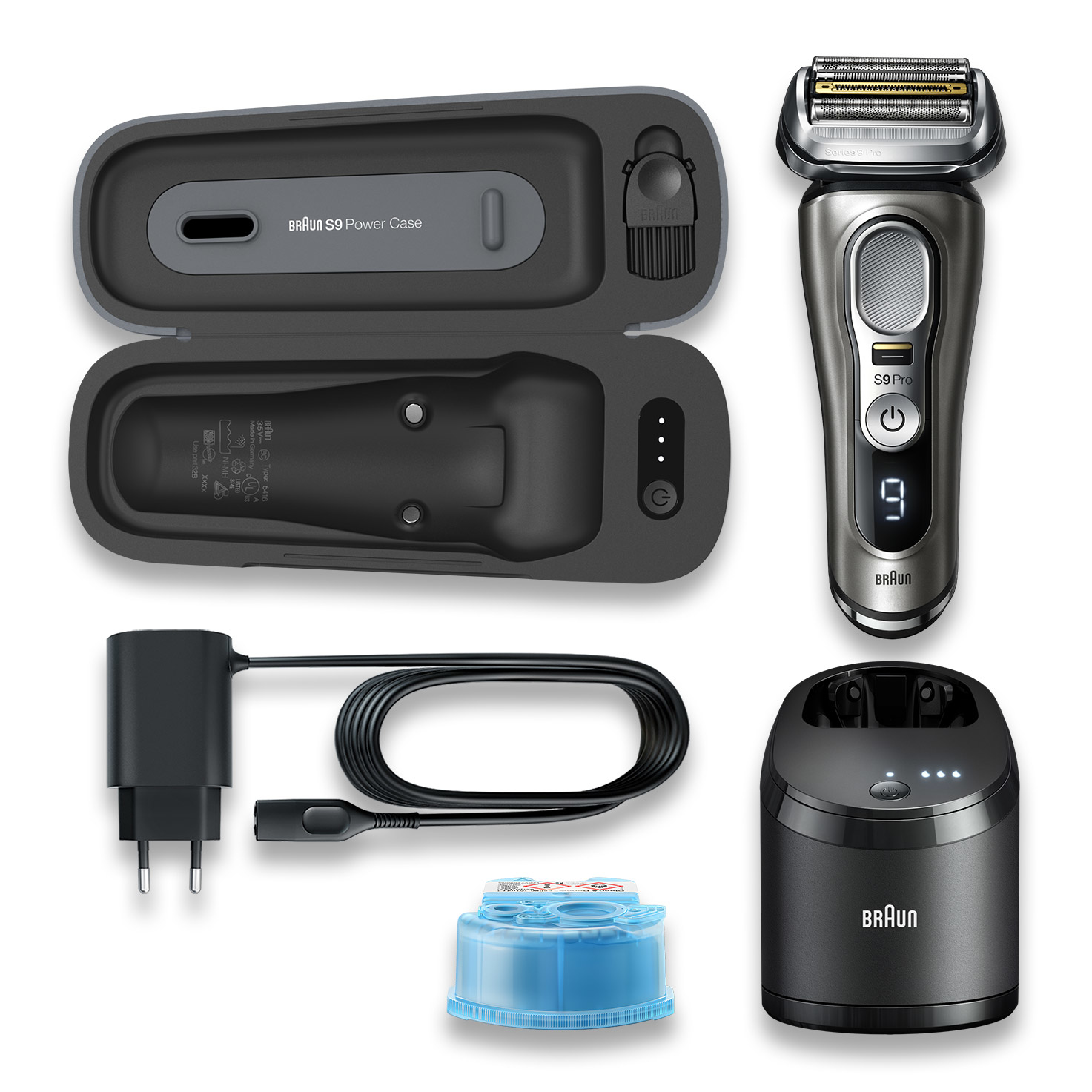 Aksesuarlarıyla birlikte bir Braun Series 9 Pro elektrikli tıraş makinesi: şarj kutusu, şarj cihazı, temizleme istasyonu ve temizleme kartuşu.