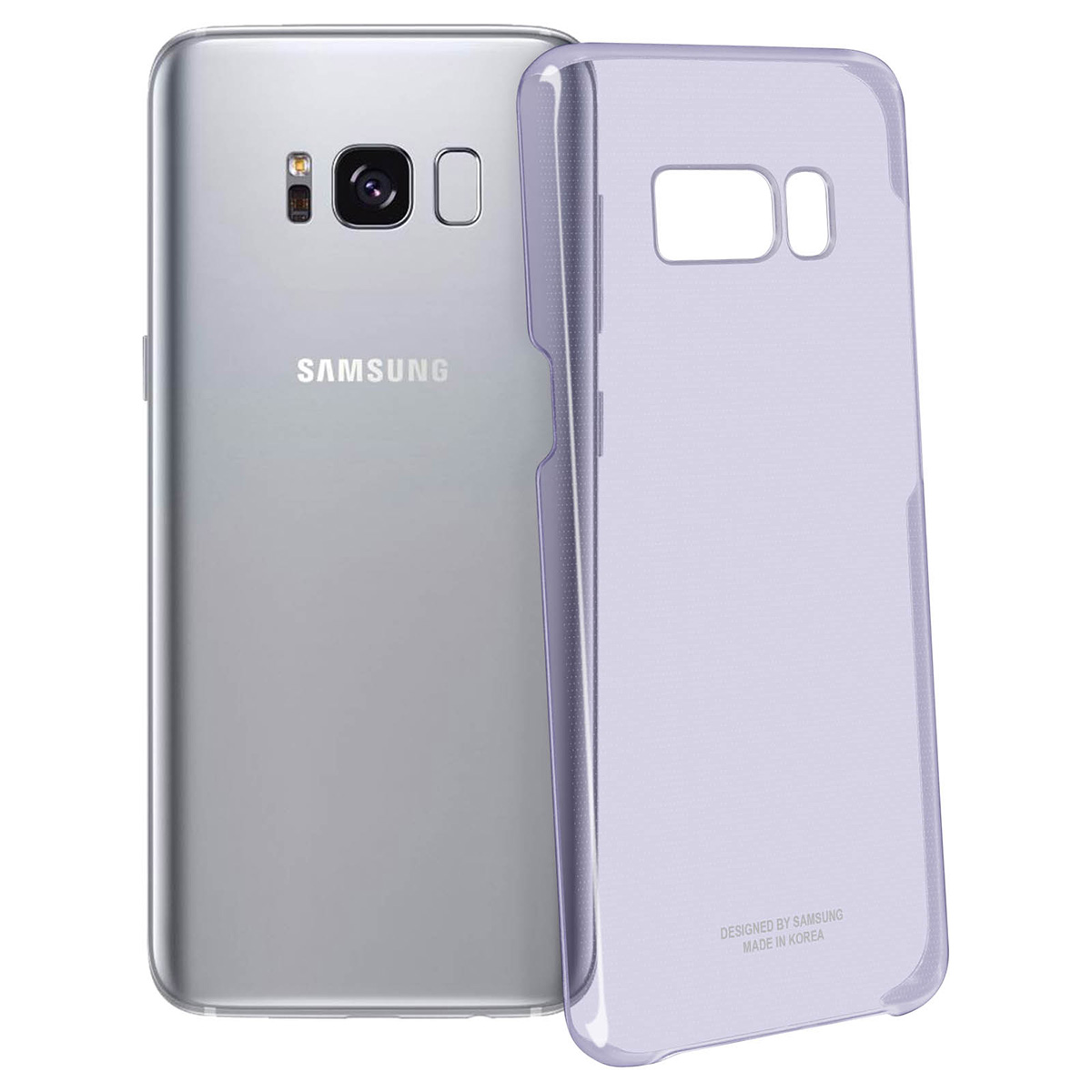 Un telefono Samsung argento con una custodia viola trasparente. Il telefono e la custodia sono uno accanto all'altro su sfondo bianco.