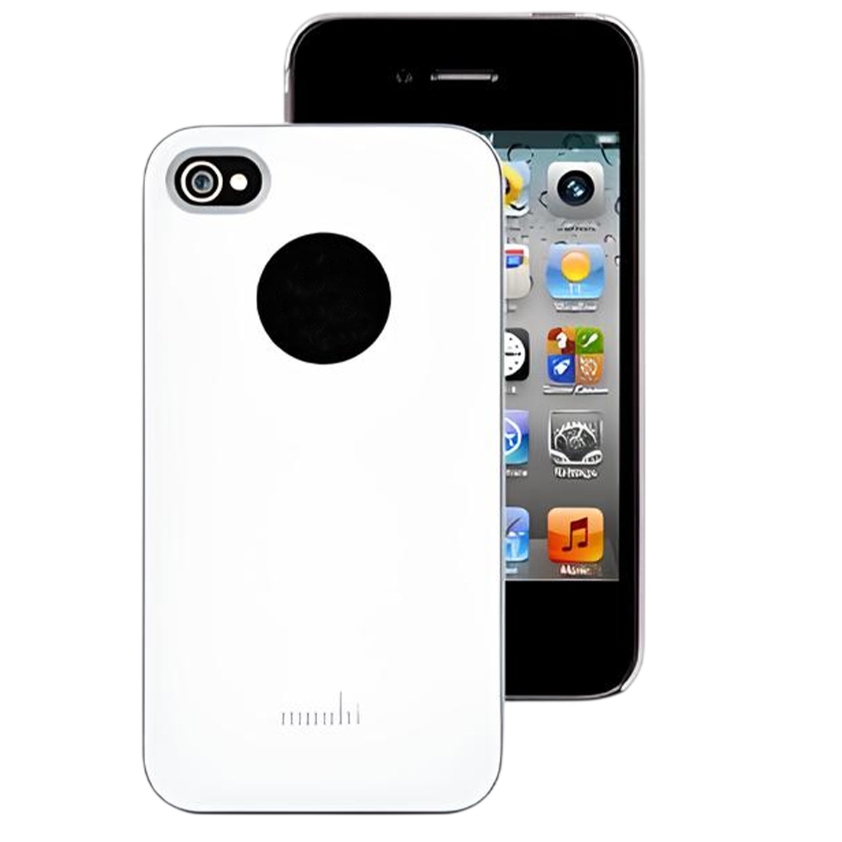 Deux smartphones, un blanc avec un cercle noir, l'autre noir avec des icônes d'applications. Fond blanc.