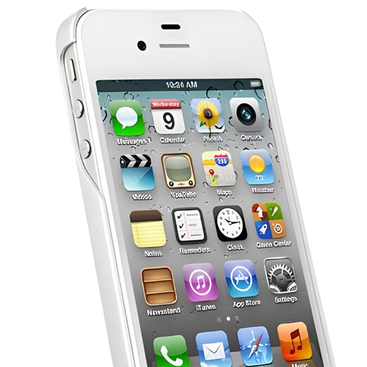 Un iPhone affichant diverses icônes d'applications. L'écran montre une horloge, un calendrier et d'autres applications. Le téléphone est blanc avec un cadre argenté.