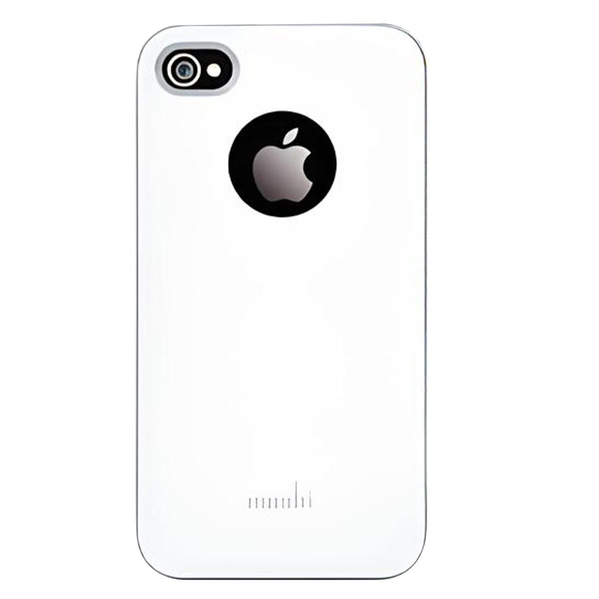 Un dos d'iPhone blanc avec le logo Apple noir, une caméra et un flash. Le logo Moshi est en bas.