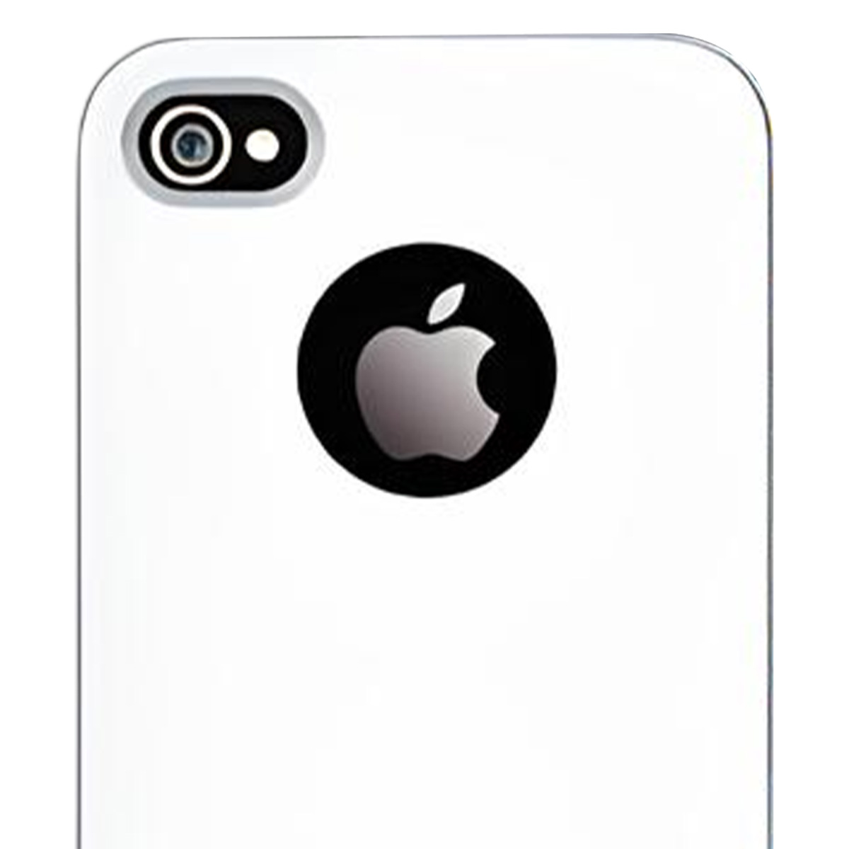 Dos d'iPhone blanc avec caméra, flash et logo Apple. Le logo est un cercle noir avec une pomme grise à l'intérieur.