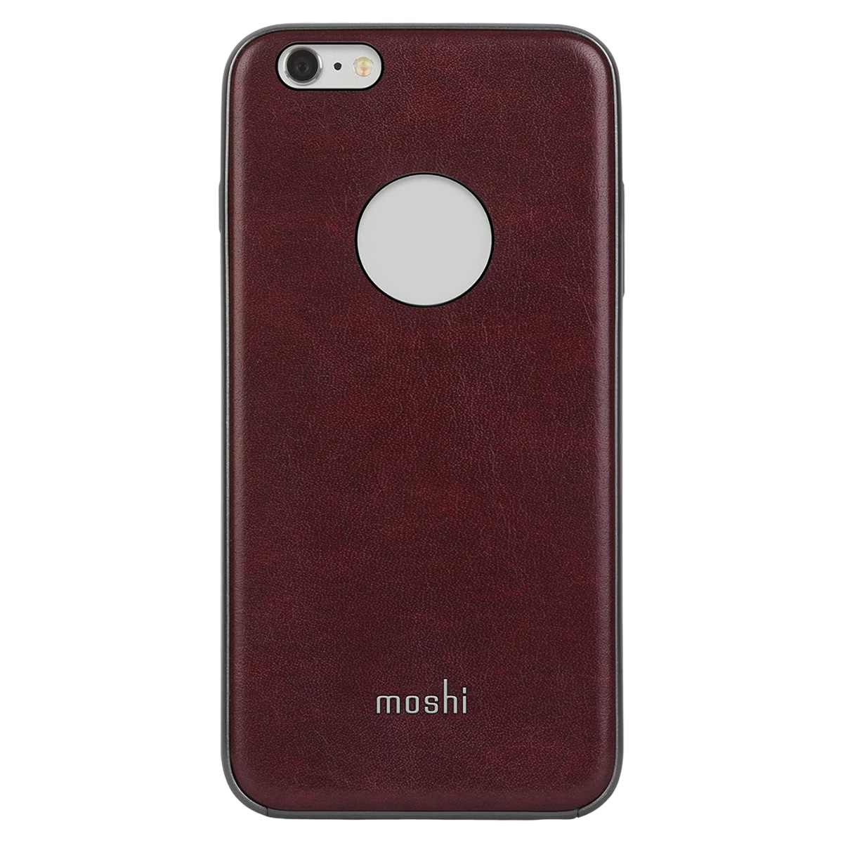 Una custodia per telefono bordeaux con fotocamera, flash e ritaglio circolare del logo. Il marchio "moshi" è in basso.