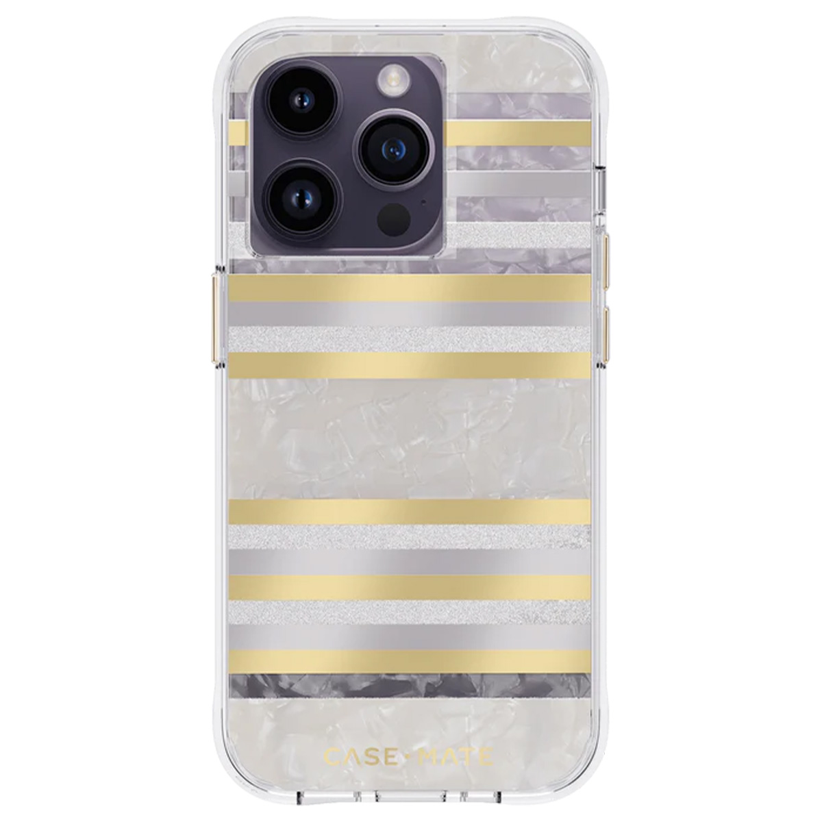 Un telefono in una custodia a strisce dorate, argentate e bianche. Gli obiettivi della fotocamera sono visibili in alto. Il logo CASE MATE è in basso.