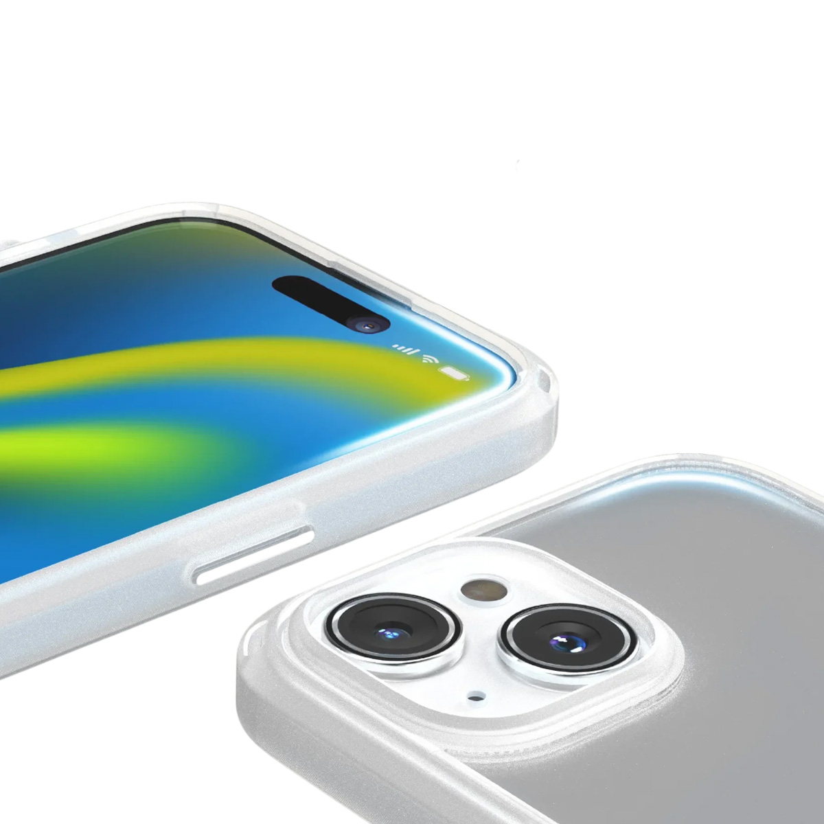 Primo piano di uno smartphone con custodia trasparente. Lo schermo mostra blu e giallo. Le lenti della fotocamera sono visibili.