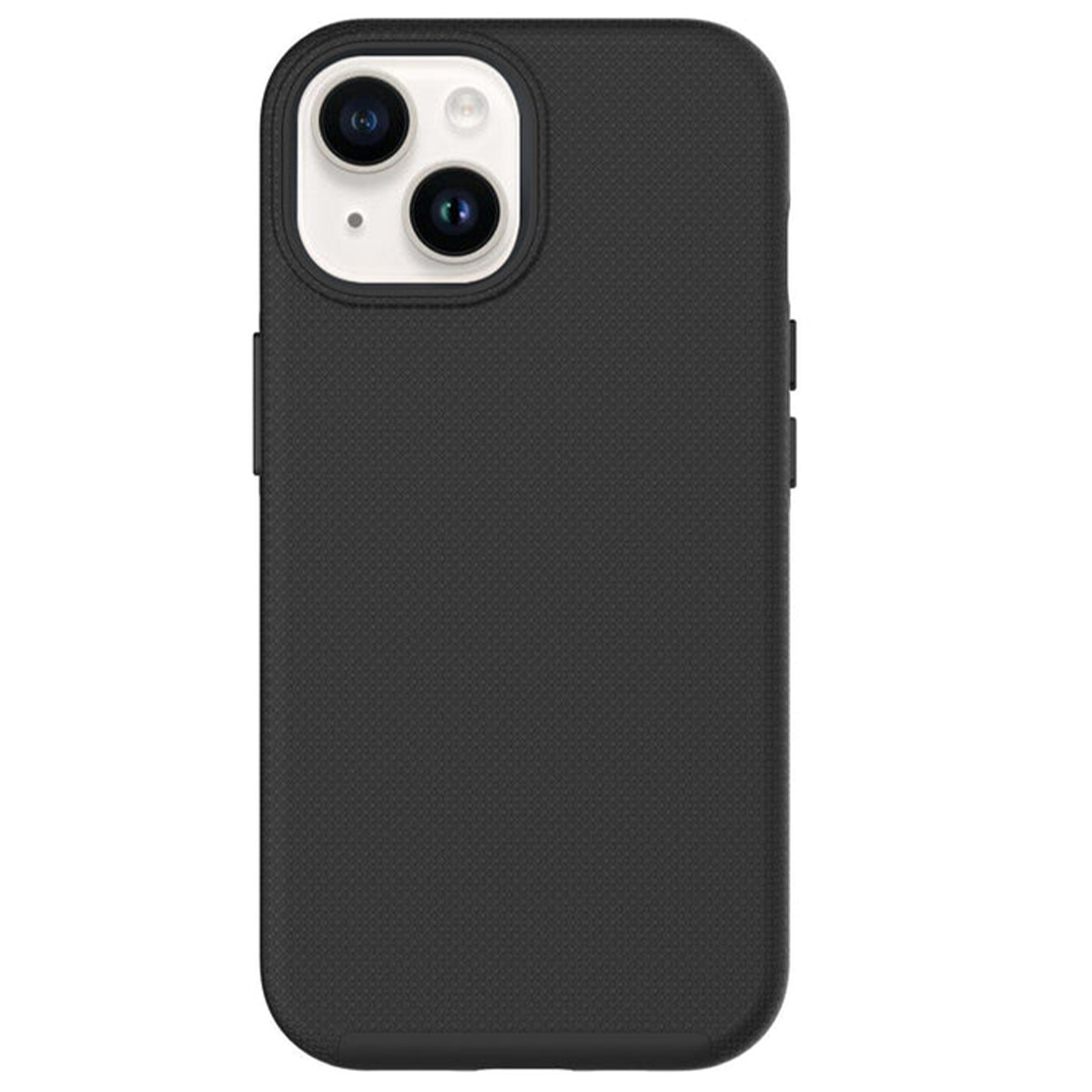 Una custodia nera per telefono con ritaglio per la fotocamera. La custodia ha una superficie strutturata e copre il retro e i lati.