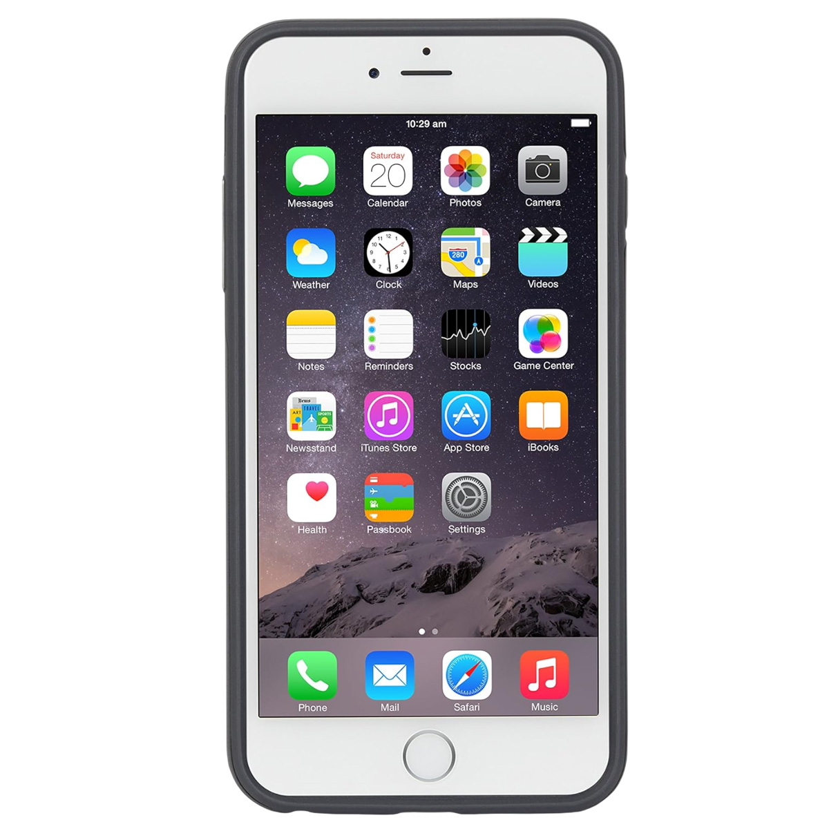 Un iPhone bianco con custodia nera mostra icone di app, tra cui Messaggi, Calendario, Foto e Fotocamera, su uno sfondo montuoso.