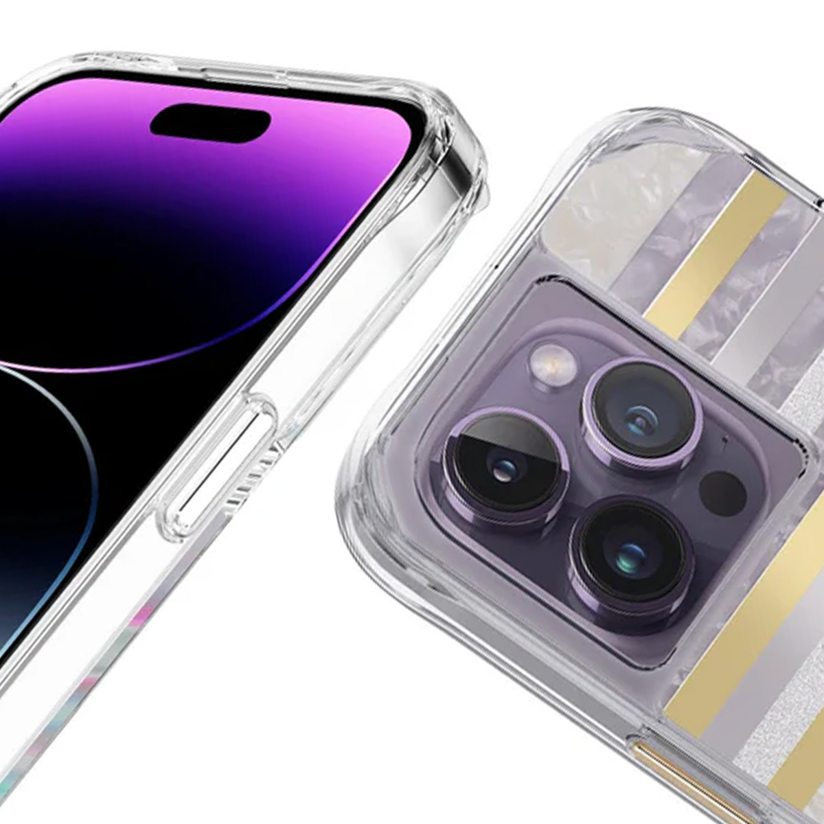 Due smartphone in custodie trasparenti. Uno mostra uno schermo nero, l'altro ha lenti della fotocamera e strisce dorate.