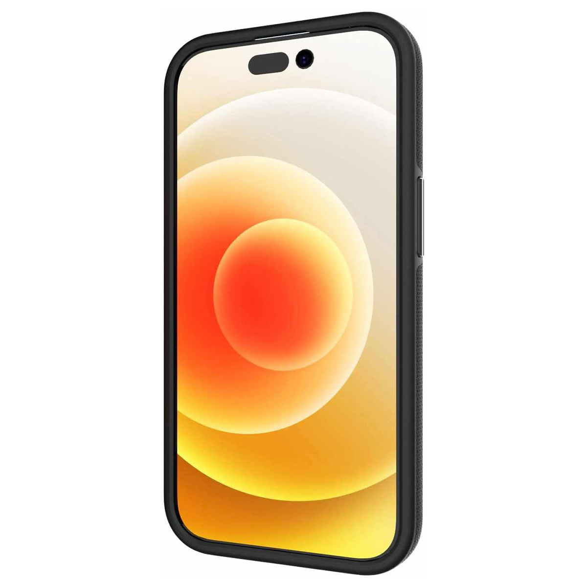 Uno smartphone in una custodia nera. Lo schermo mostra un design astratto e colorato con cerchi arancioni, gialli e bianchi.