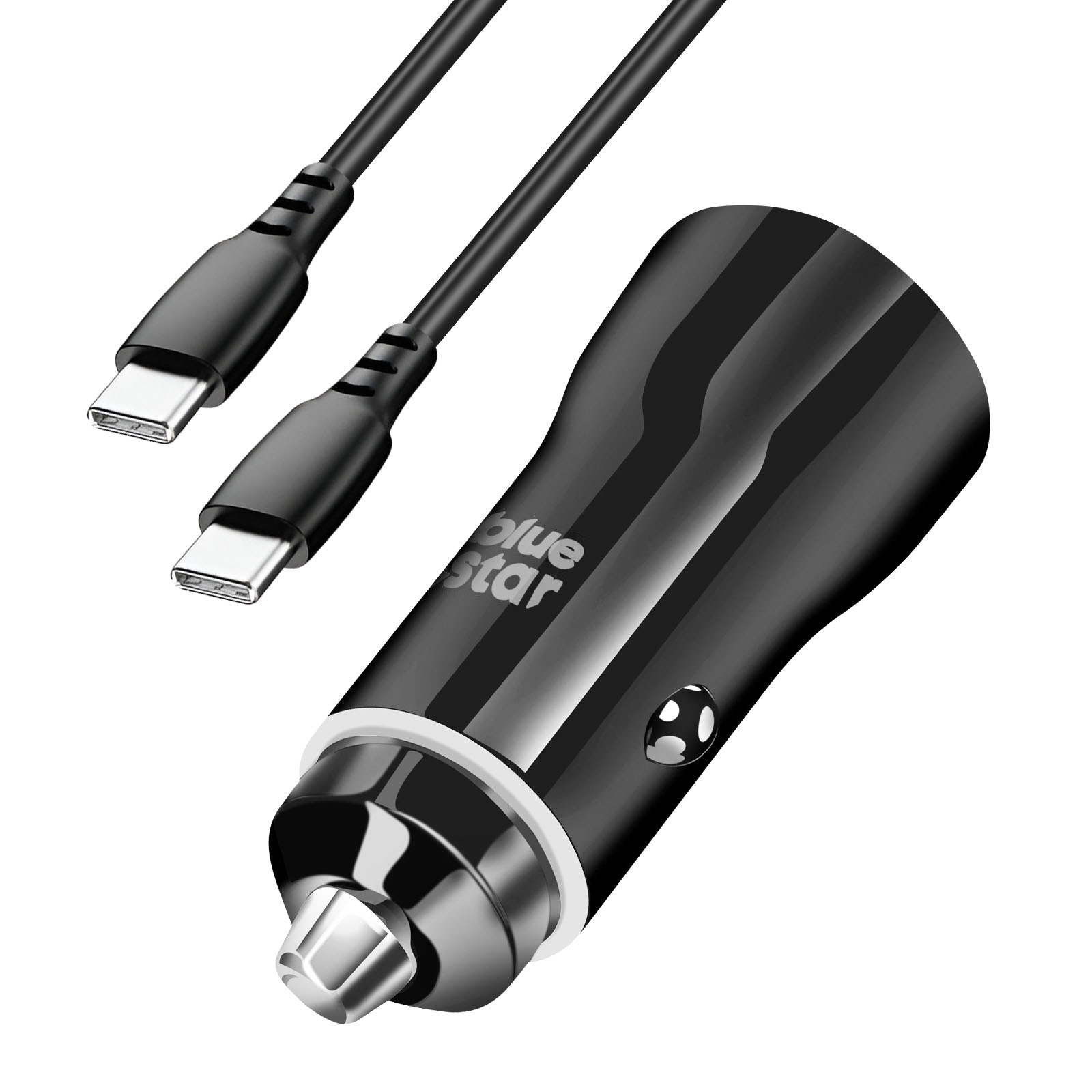 Caricabatterie per auto nero con due cavi USB-C. Il caricabatterie ha un anello bianco e un logo a stella blu. Sfondo bianco.