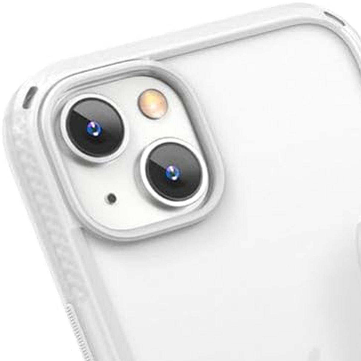 Primo piano di una custodia bianca per telefono con doppia fotocamera e flash. Le lenti sono nere, la custodia è trasparente.