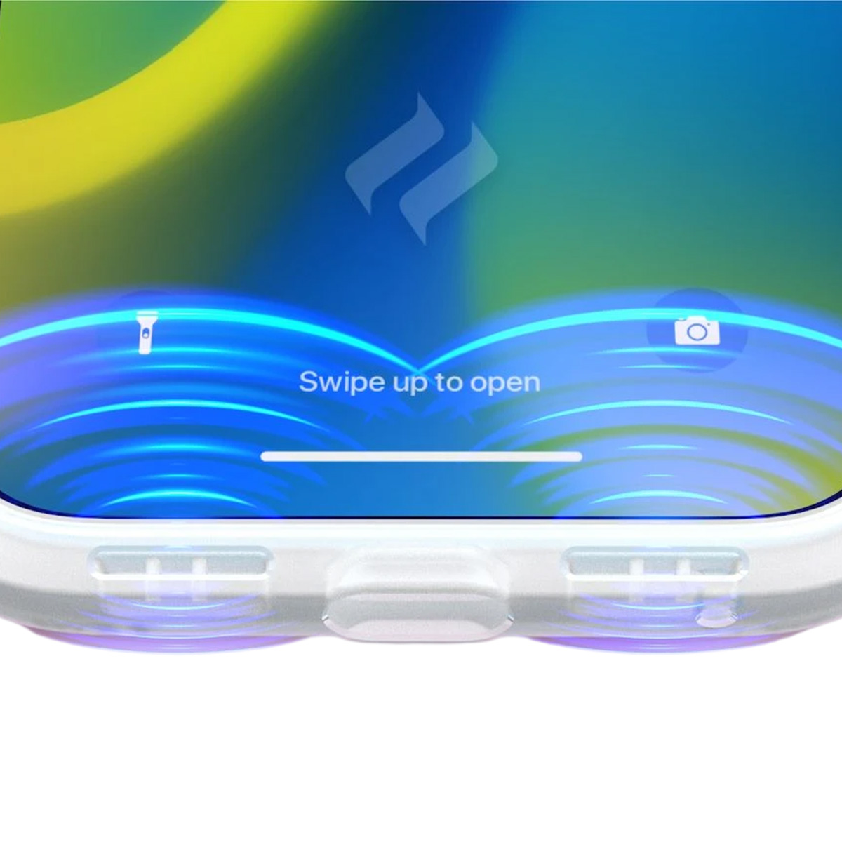 Schermo del telefono con 'Scorri verso l'alto per aprire' e icone. Una custodia bianca circonda lo schermo, con pulsanti visibili.