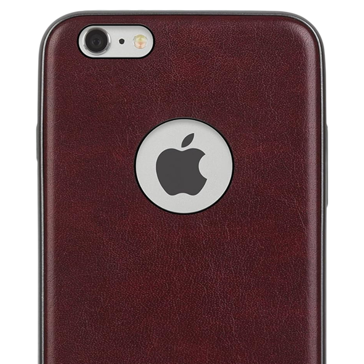 Primo piano del retro di un telefono. Ha una texture in pelle bordeaux, fotocamera e logo Apple. La cornice è argentata.