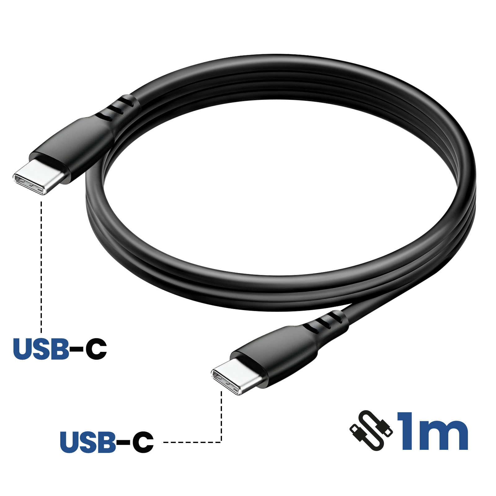 Cavo USB-C nero, lungo 1 m, con connettori ad ogni estremità. Etichette: USB-C.