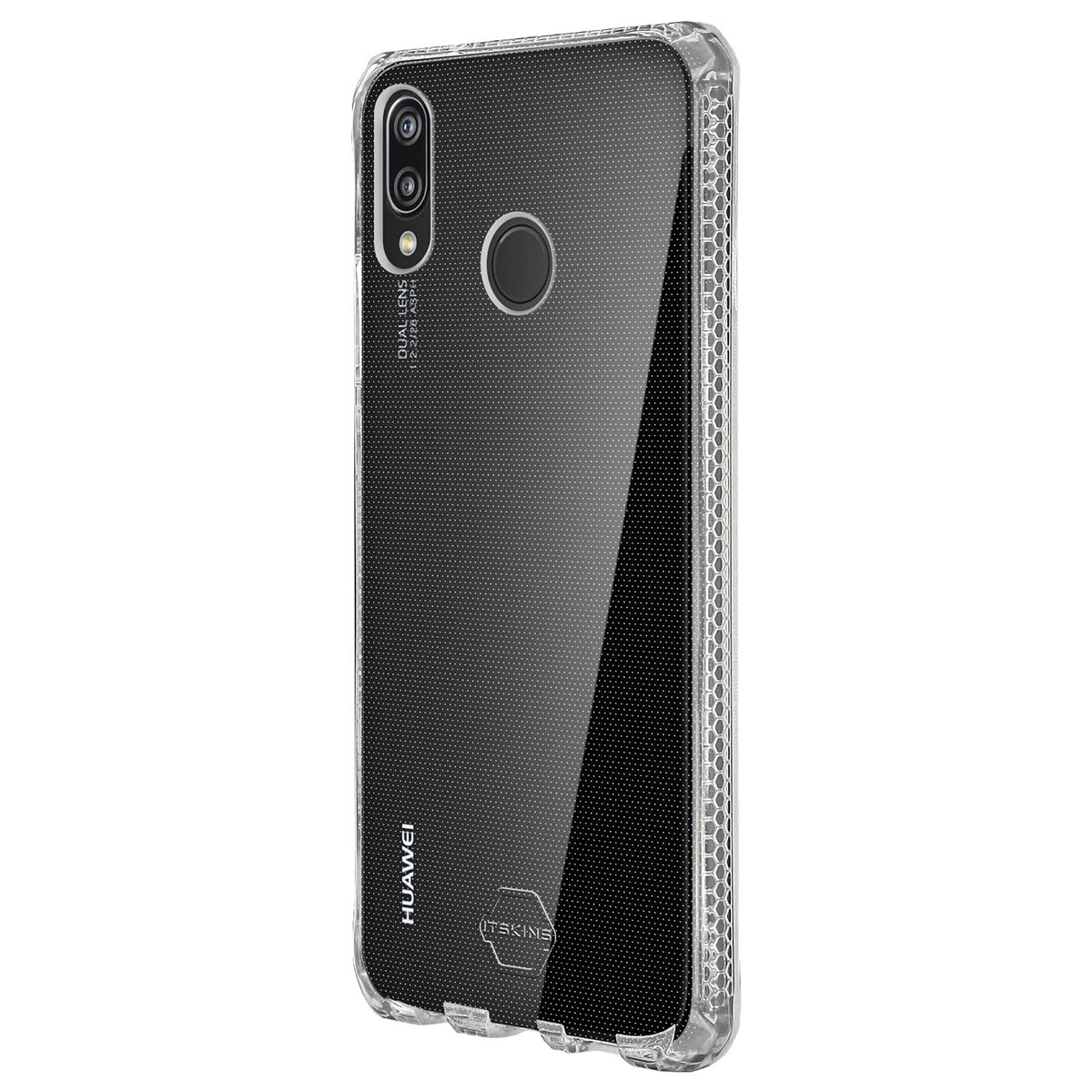 Una custodia trasparente per telefono con un telefono Huawei all'interno. Ha una fotocamera e un sensore di impronte digitali. La custodia è trasparente con motivo a nido d'ape.
