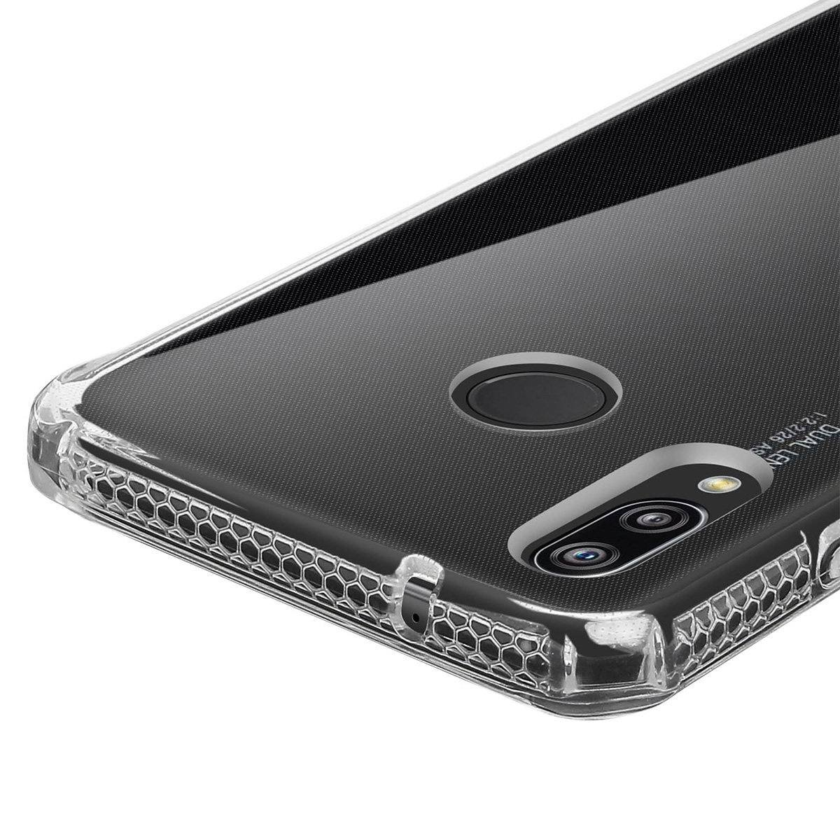 Custodia trasparente su un telefono nero, mostra fotocamera, sensore impronte digitali e motivo a nido d'ape sul lato.