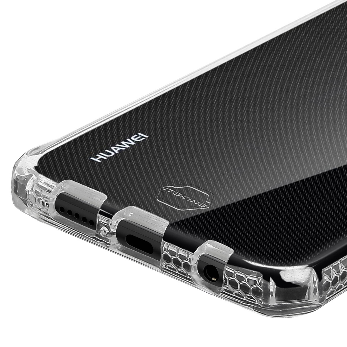 Una custodia trasparente con interno nero. Il logo Huawei è visibile. La custodia ha un design a nido d'ape. È visibile anche il logo itskins.
