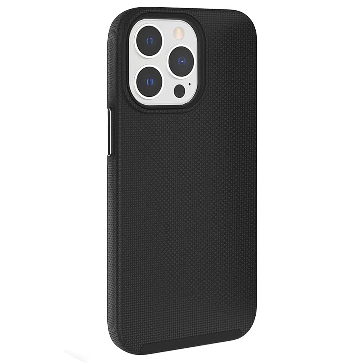 Custodia nera per telefono con ritagli per la fotocamera. La custodia ha una superficie strutturata. Il modulo fotocamera ha 3 lenti e un flash.