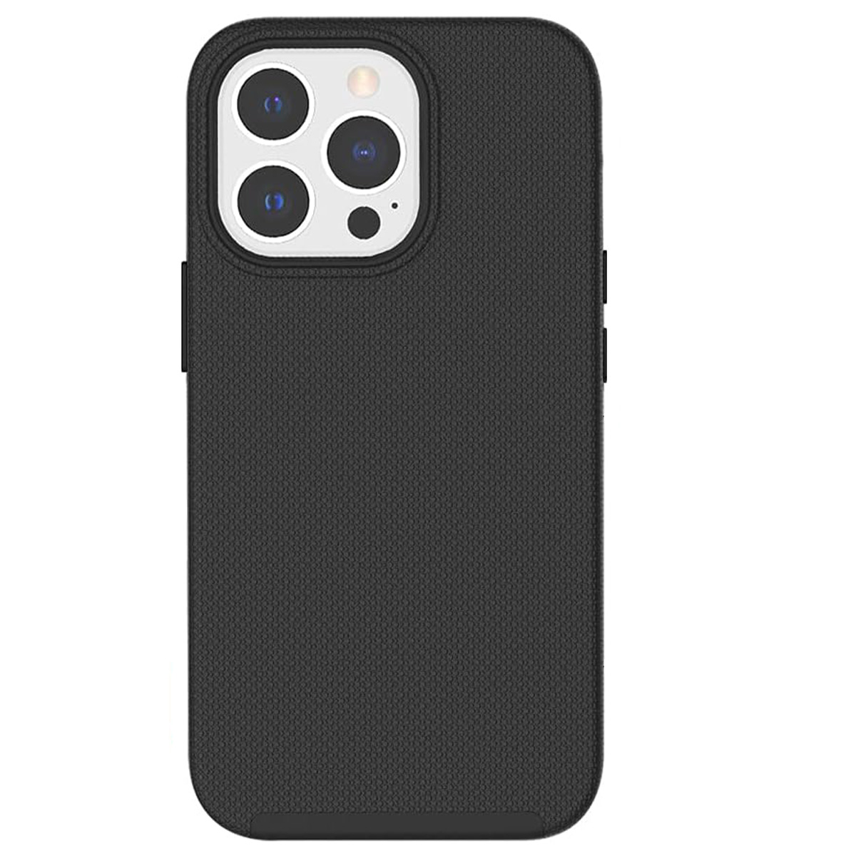 Custodia nera per telefono con ritagli per fotocamera. La custodia ha una superficie strutturata. Il modulo fotocamera ha più lenti e un flash.