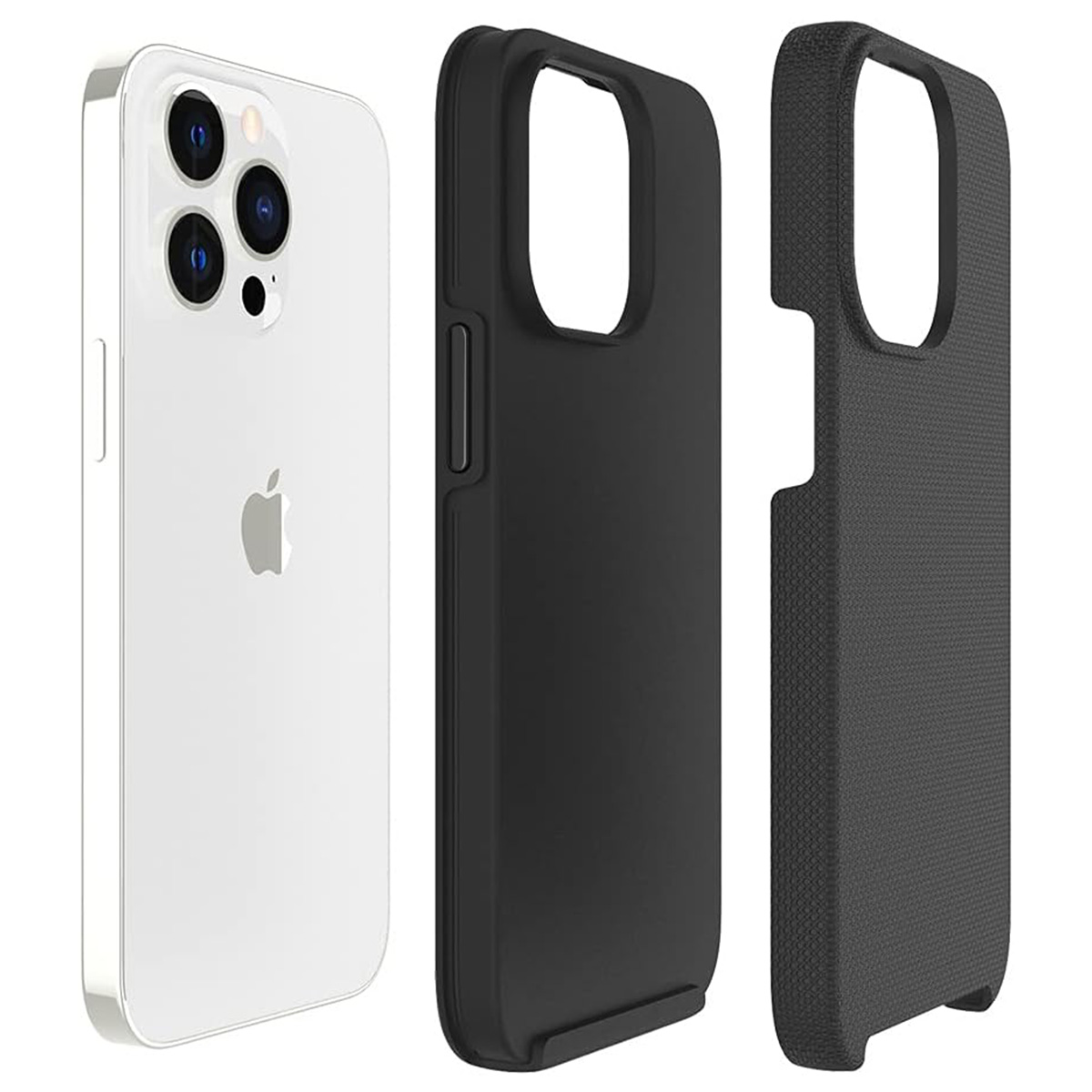 Un iPhone e due custodie per telefono. L'iPhone è bianco, le custodie sono nere. Le custodie sono mostrate separatamente. Logo Apple visibile.