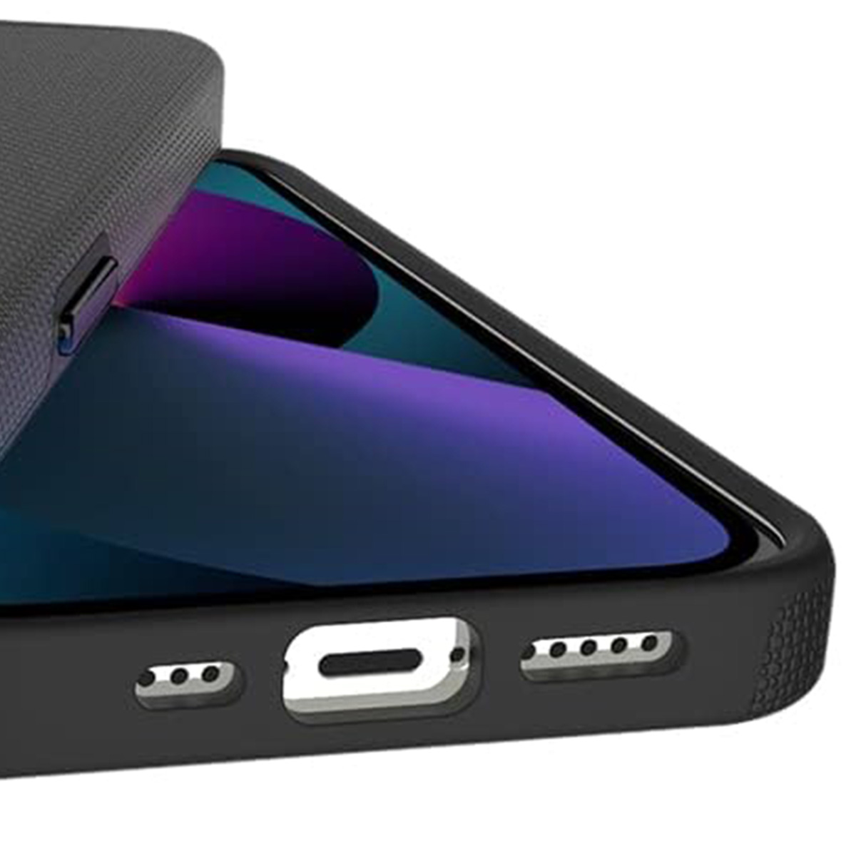 Primo piano di una custodia nera per telefono con un telefono all'interno. Lo schermo mostra colori viola e blu. La custodia ha delle aperture.
