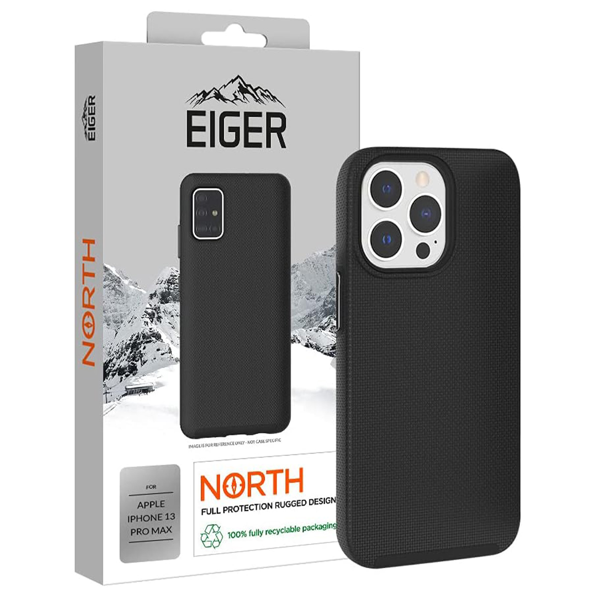 Una custodia nera per telefono accanto alla sua confezione. La confezione mostra una custodia, il marchio 'Eiger' e il testo 'North'.