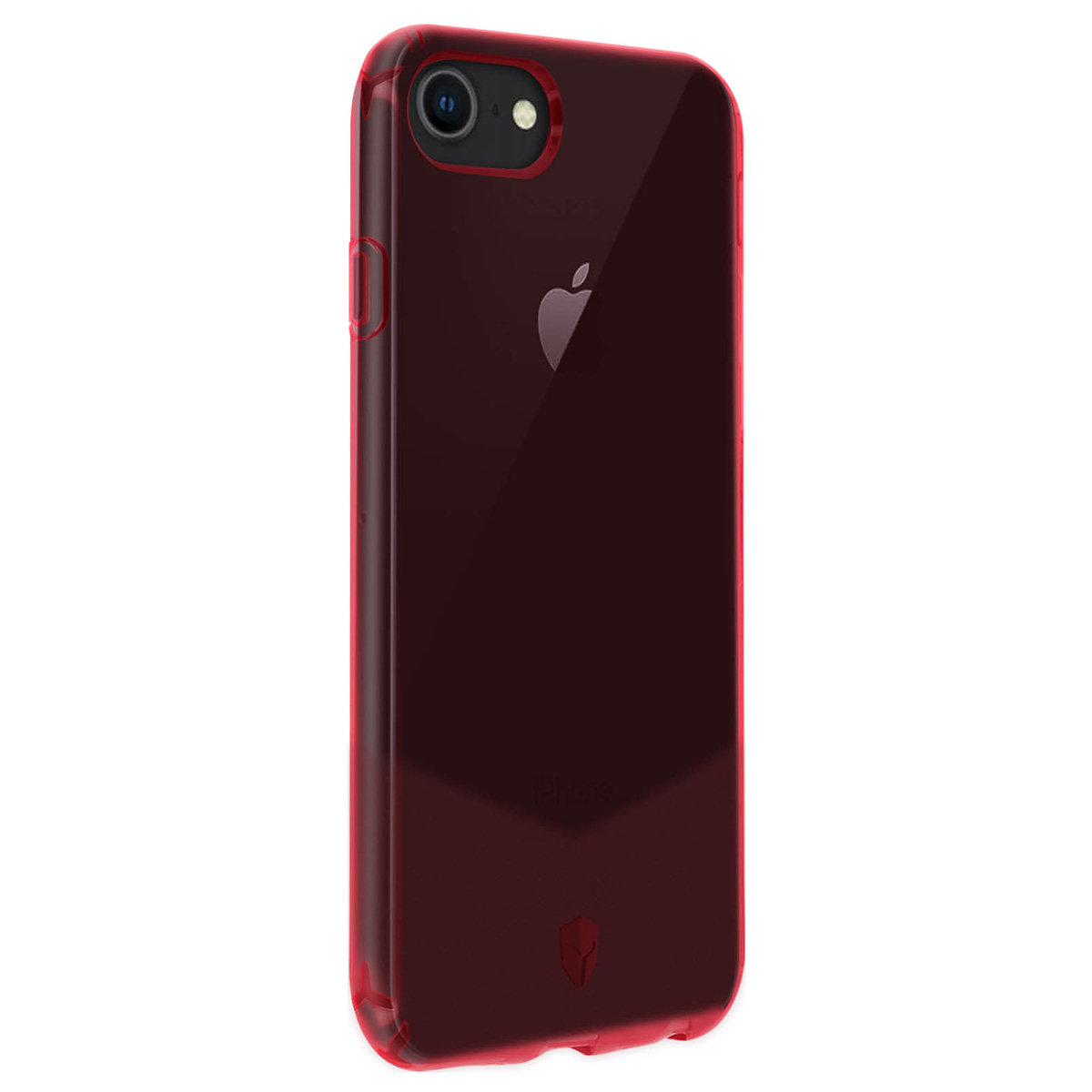 Un iPhone rouge dans un étui rouge transparent, montrant l'appareil photo, le logo Apple et le mot iPhone au dos.
