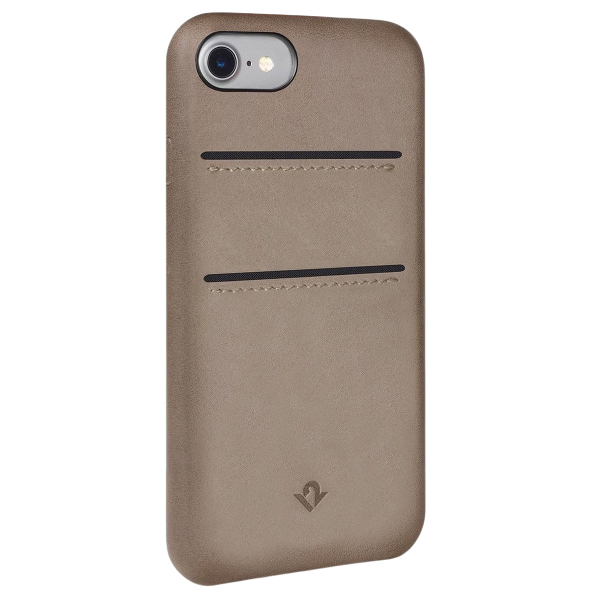 Una custodia beige per telefono con due fessure per carte, una fotocamera e un logo. Lo sfondo è bianco.