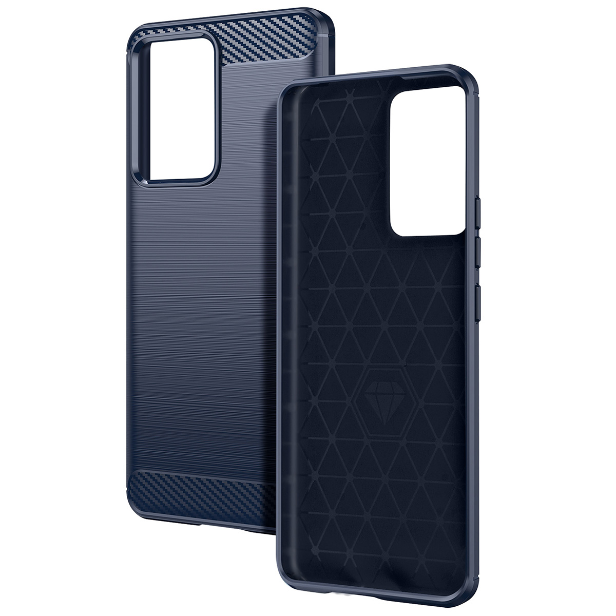 Sono esposte due custodie per telefoni blu navy. Una è aperta, che mostra l'interno con un motivo geometrico e un logo a diamante.