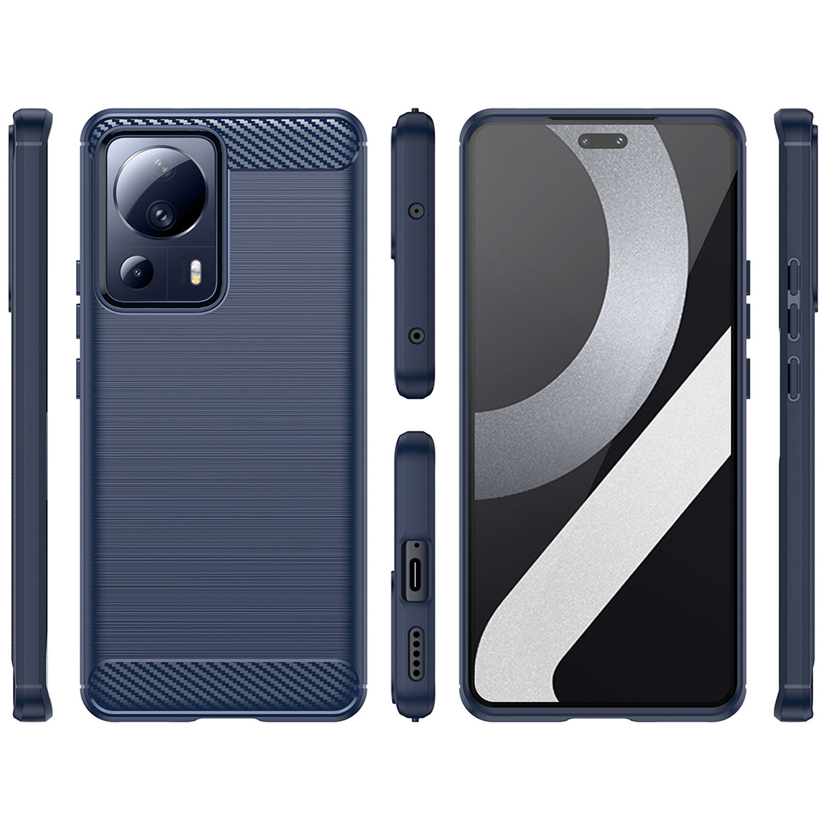 Una custodia blu navy e un telefono. La custodia è a sinistra, con viste laterali. Lo schermo del telefono è a destra.