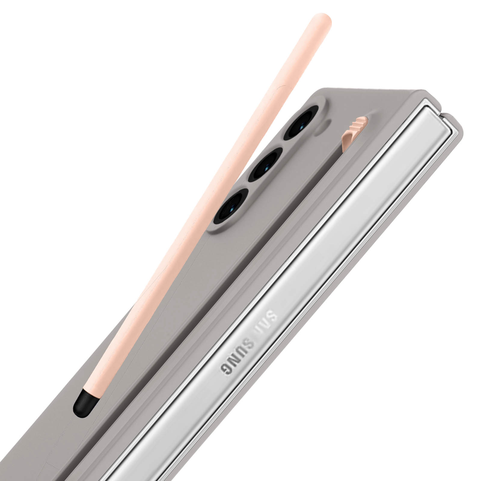 Un telefono Samsung grigio con uno stilo rosa chiaro. Il telefono è parzialmente aperto. Lo stilo è inserito nel telefono.