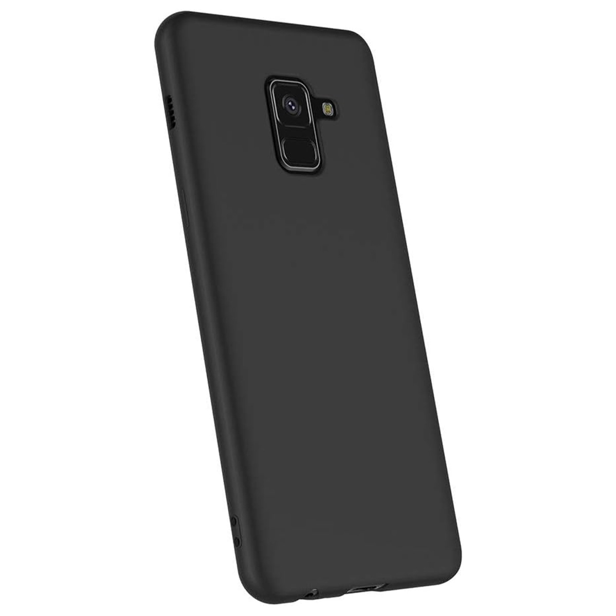 Una custodia nera per telefono. La fotocamera e il flash sono visibili. La custodia è liscia e opaca. È angolata.