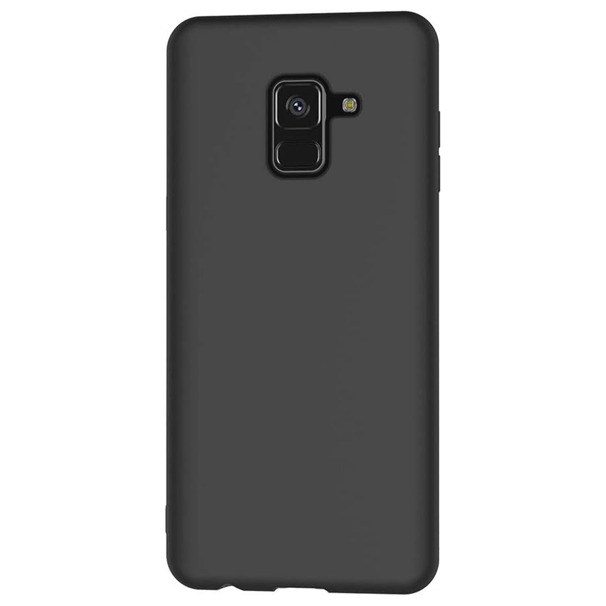 Un primo piano di una custodia nera per telefono. La custodia ha un ritaglio per la fotocamera ed è liscia e opaca.