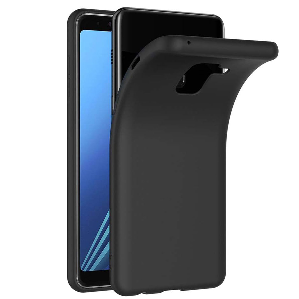 Una custodia nera per telefono che copre parzialmente uno smartphone con schermo blu. La custodia è curva, mostrando il lato del telefono.