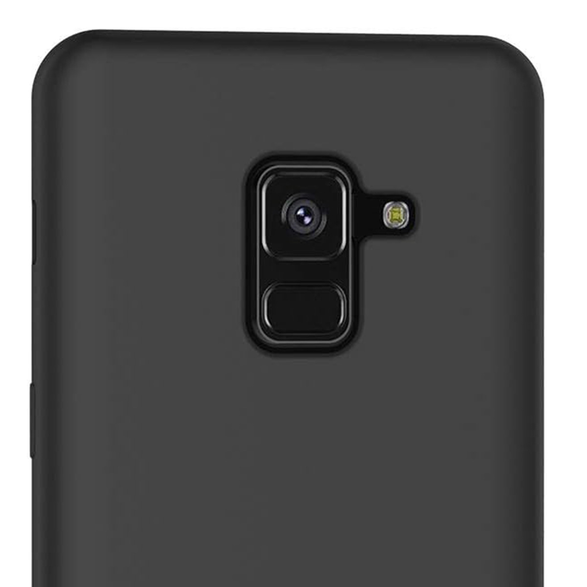 Primo piano di una custodia nera per telefono. Sono visibili la fotocamera e il flash. La custodia ha una finitura opaca.