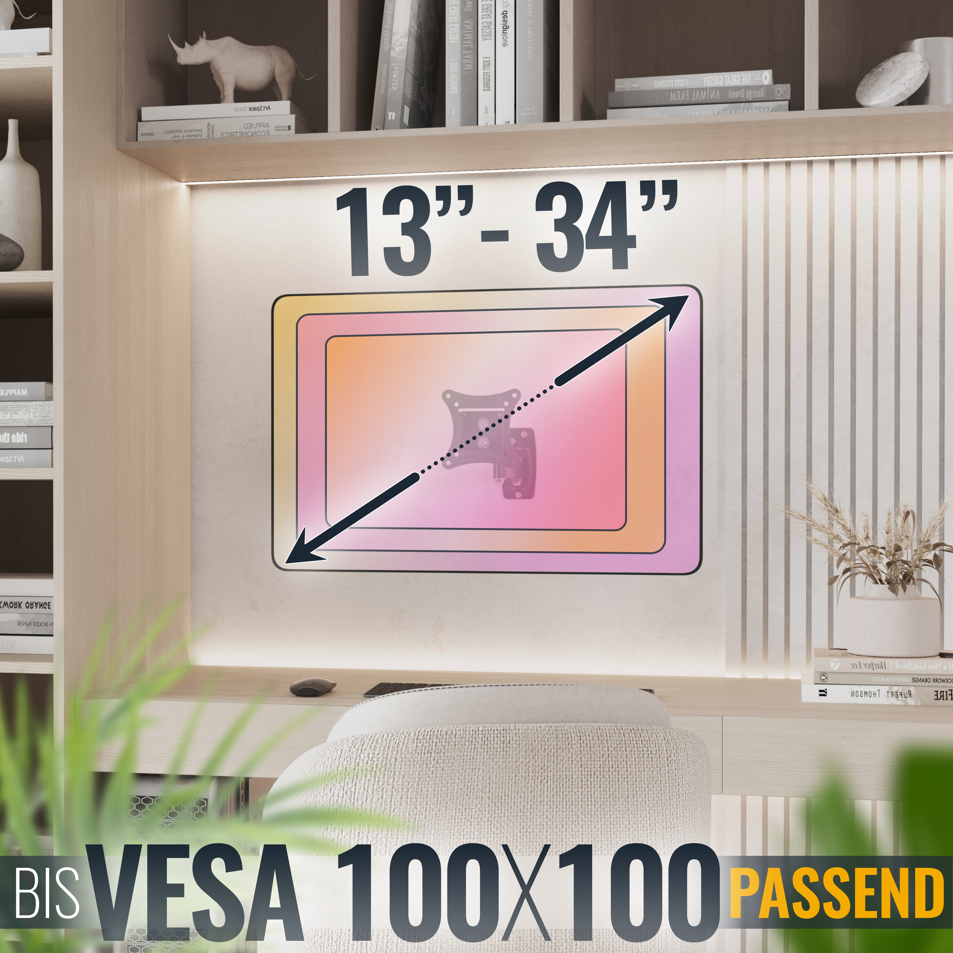Ein Schreibtisch-Setup mit einem Monitor, der Abmessungen anzeigt, und Text, der VESA-Kompatibilität anzeigt.
