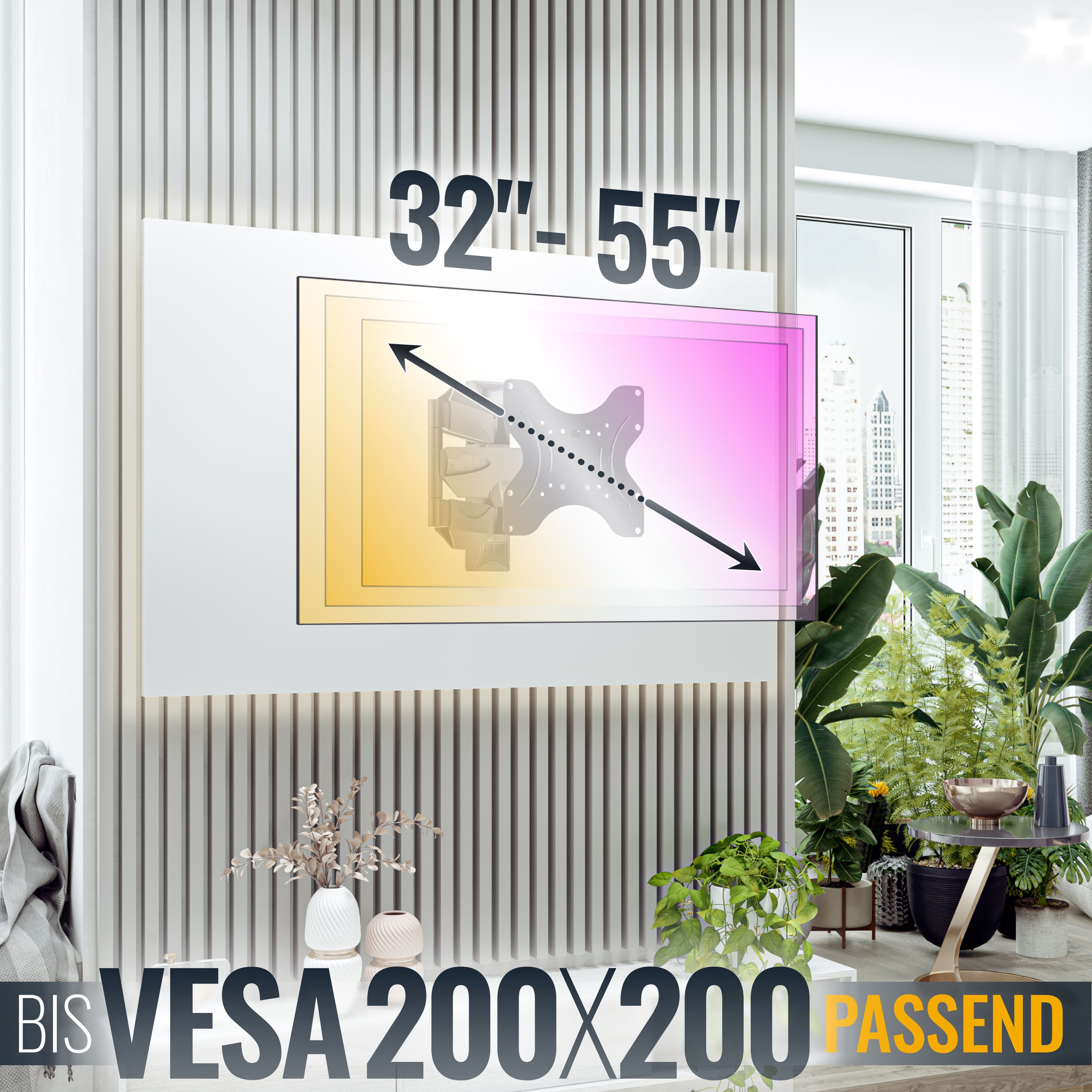 Ein Fernseher mit VESA-Halterung wird angezeigt. Der Bildschirm ist mit Abmessungen umrandet, und Pflanzen umgeben die Szene.
