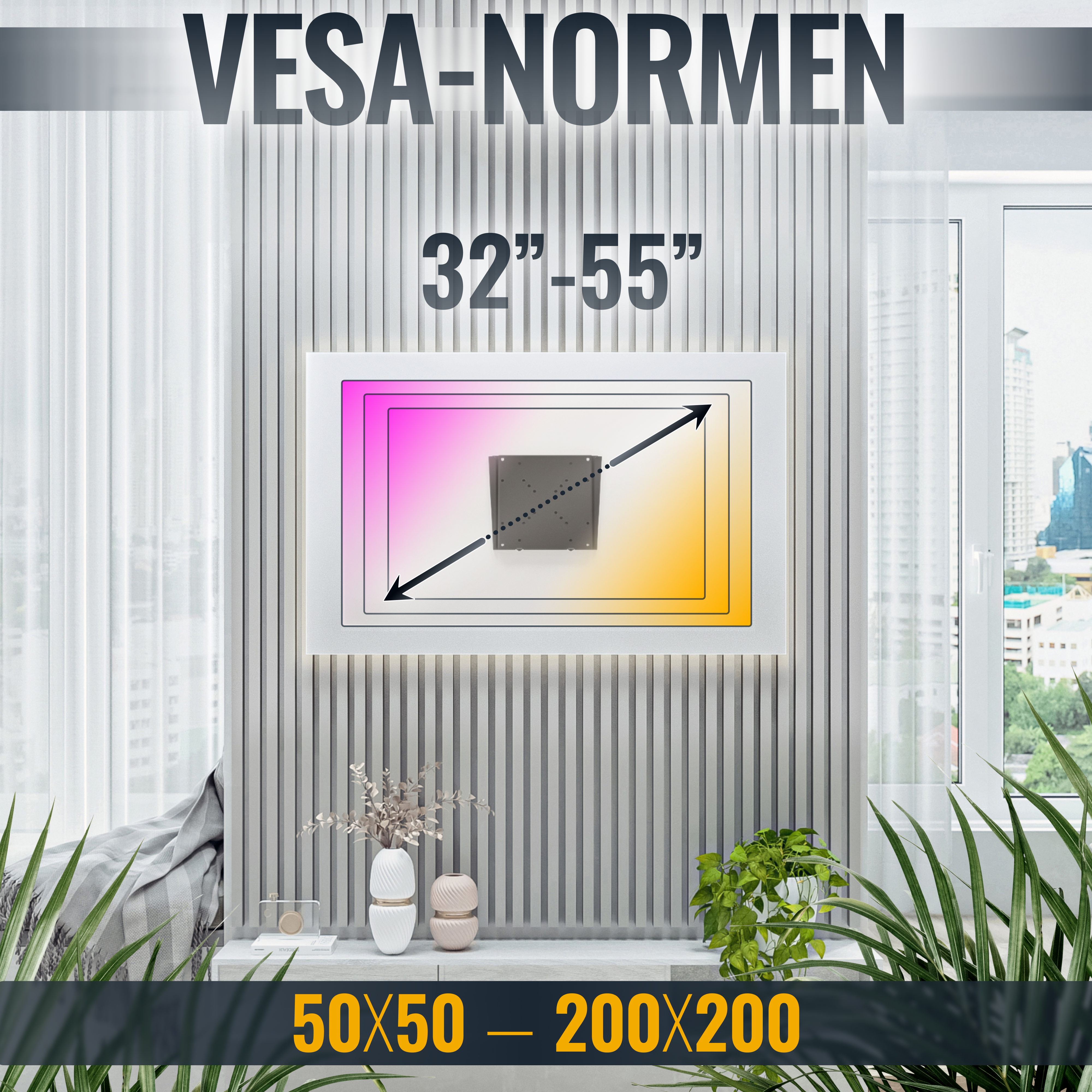 Ein Fernsehbildschirm mit VESA-NORMEN-Informationen. Größen 32-55 Zoll mit 50x50 - 200x200 Abmessungen.