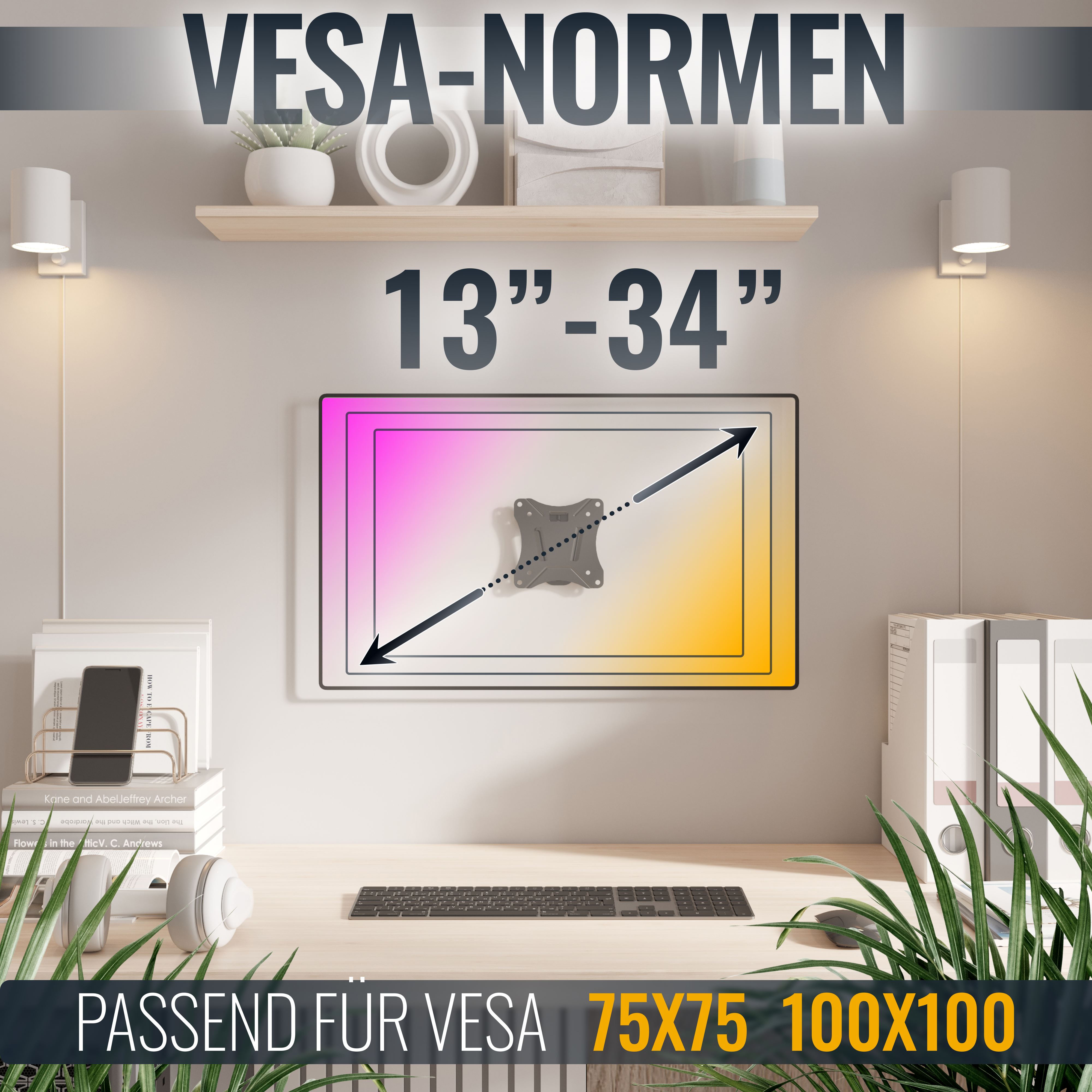 Ein Monitor an der Wand, darüber Text, ein Schreibtisch mit Tastatur und Pflanzen. Text lautet 'VESA-NORMEN'.