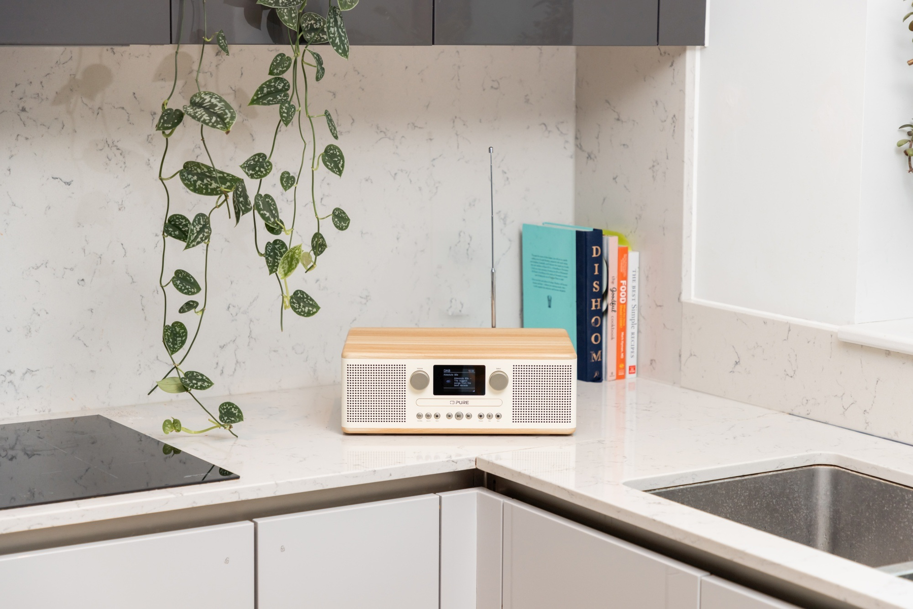 Ein hölzernes Radio steht auf einer weißen Arbeitsplatte mit Büchern und einer Pflanze. Küchenszene mit weißen Schränken und einem Waschbecken.