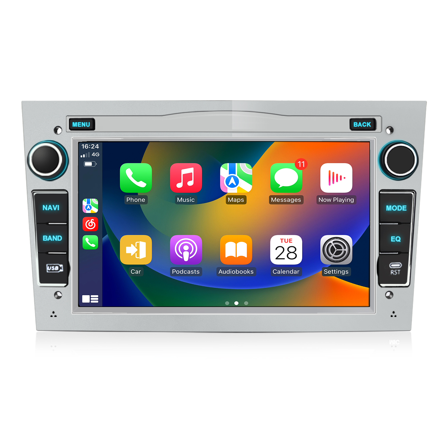 Autoradio mit Touchscreen, der App-Symbole wie Telefon, Musik, Karten und Einstellungen anzeigt. Tasten für Menü, Navi und Modus.