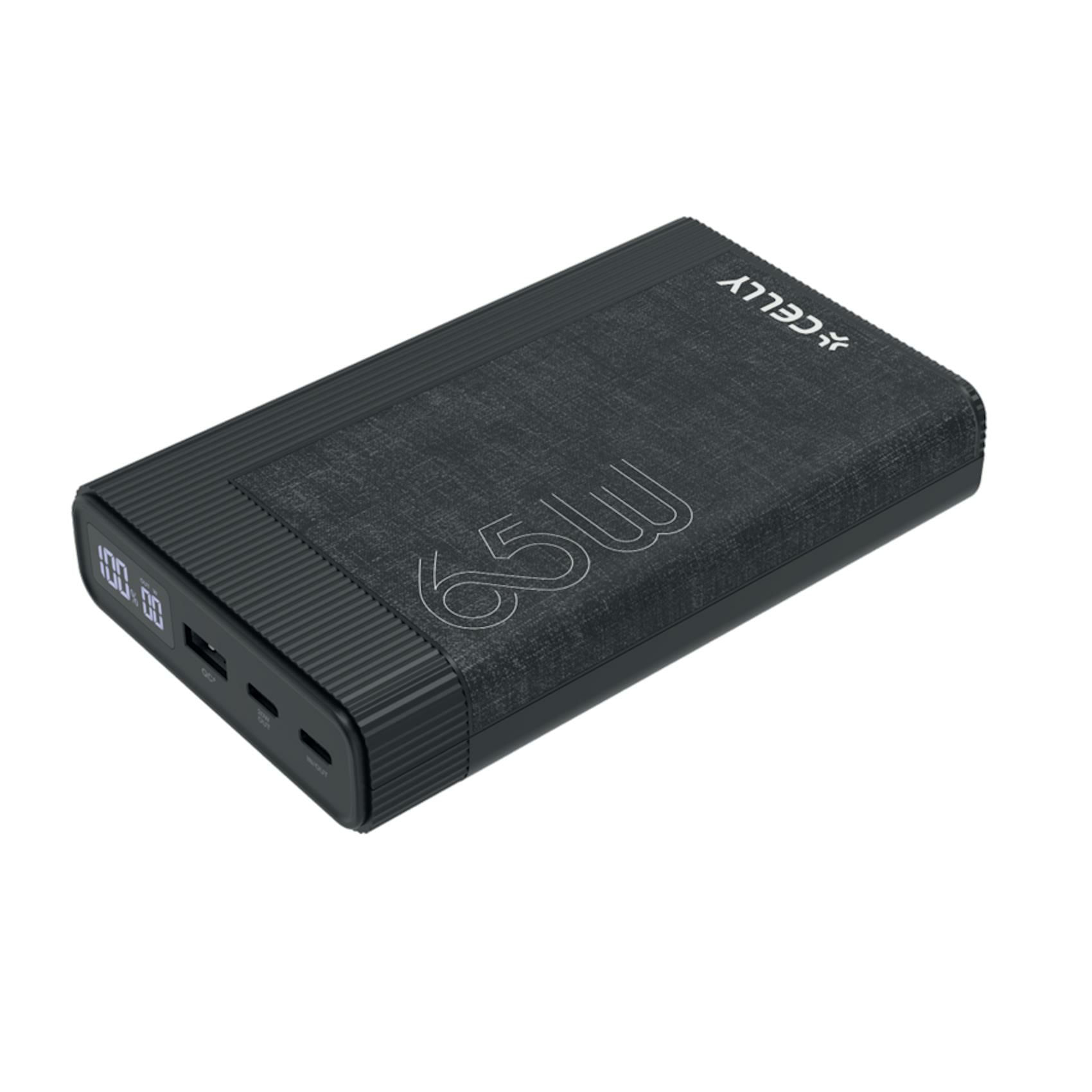 Schwarze Celly 65W Powerbank. Sie hat ein digitales Display, Anschlüsse und das Celly-Logo. Isoliert auf weißem Hintergrund.