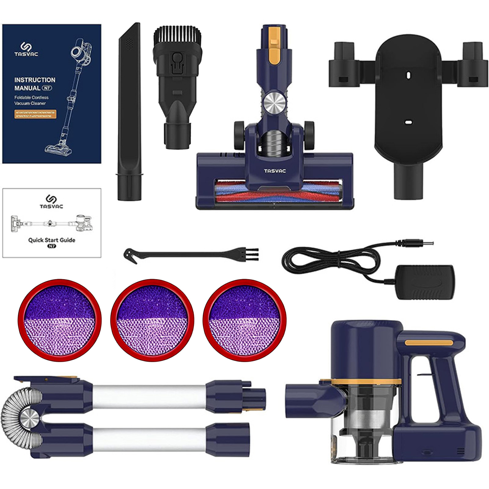 Zdemontowany odkurzacz bezprzewodowy z różnymi częściami, w tym instrukcjami, filtrami i akcesoriami. Niebieskie i pomarańczowe detale.