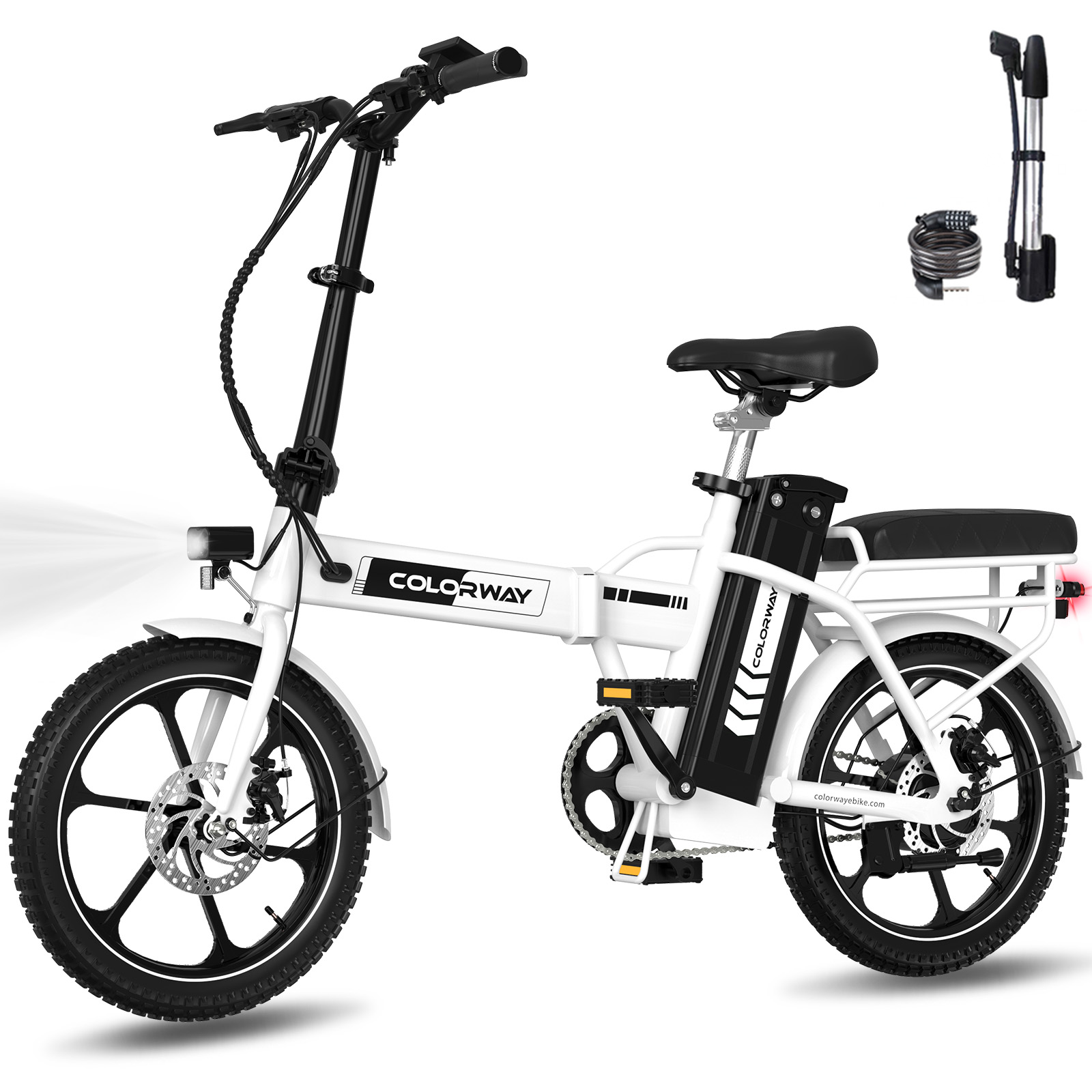 Weißes elektrisches Klappfahrrad mit schwarzen Akzenten und Reifen. Inklusive Zubehör. Markenname 'COLORWAY' sichtbar.