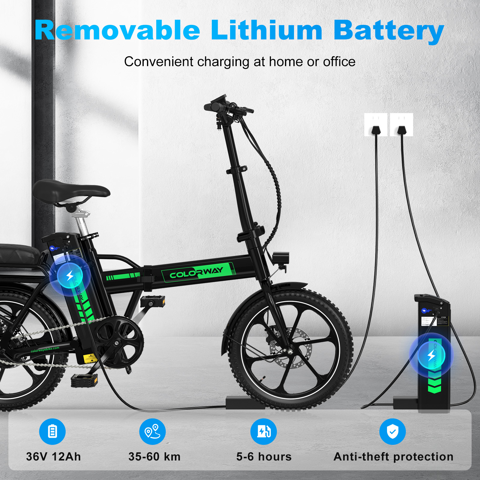 Bicicletta elettrica nera con stazione di ricarica e batteria rimovibile. Caratteristiche: antifurto e autonomia 35-60 km.