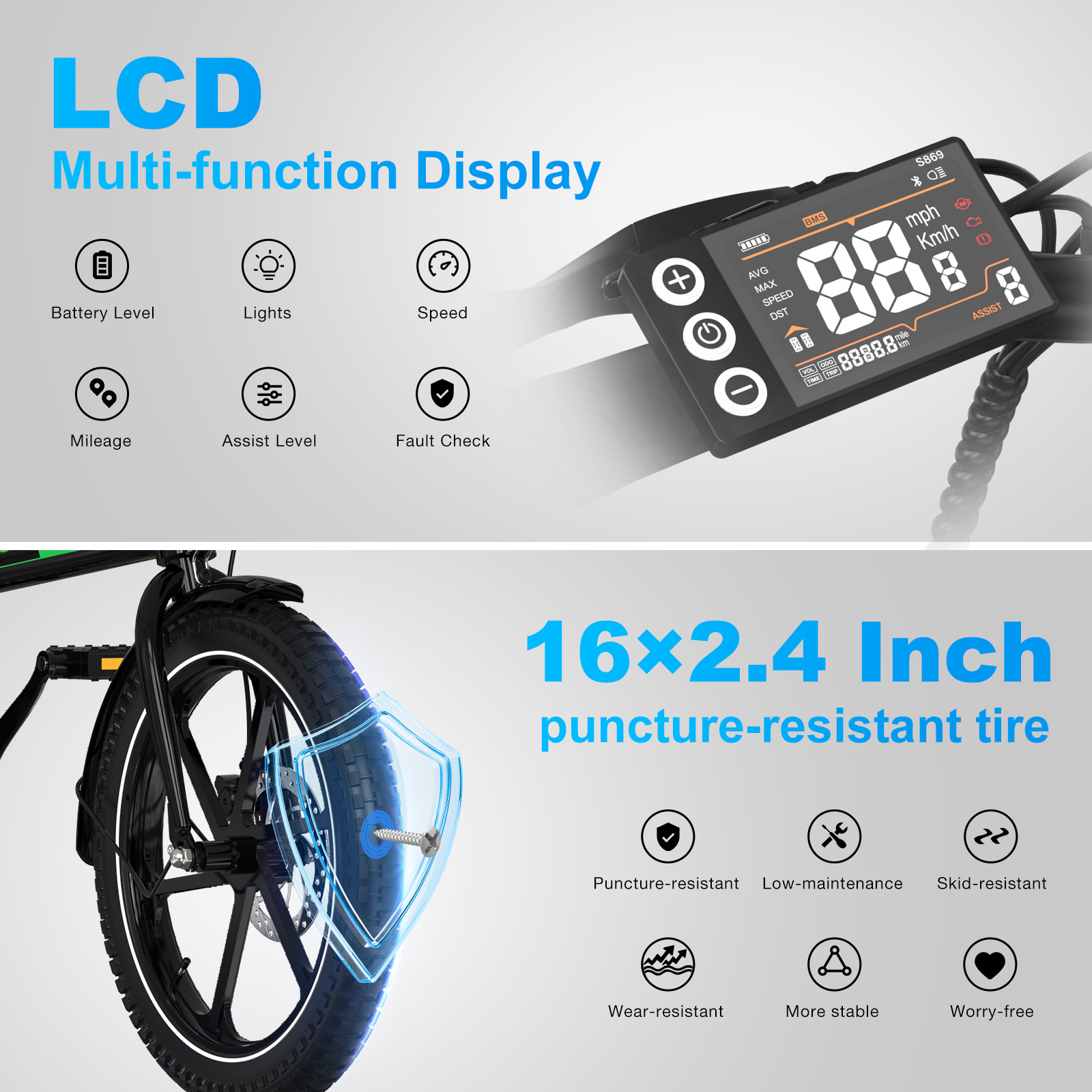 Un display per e-bike mostra velocità, batteria e altri dati. La dimensione del pneumatico è 16x2,4 pollici. Caratteristiche: anti-foratura, ecc.