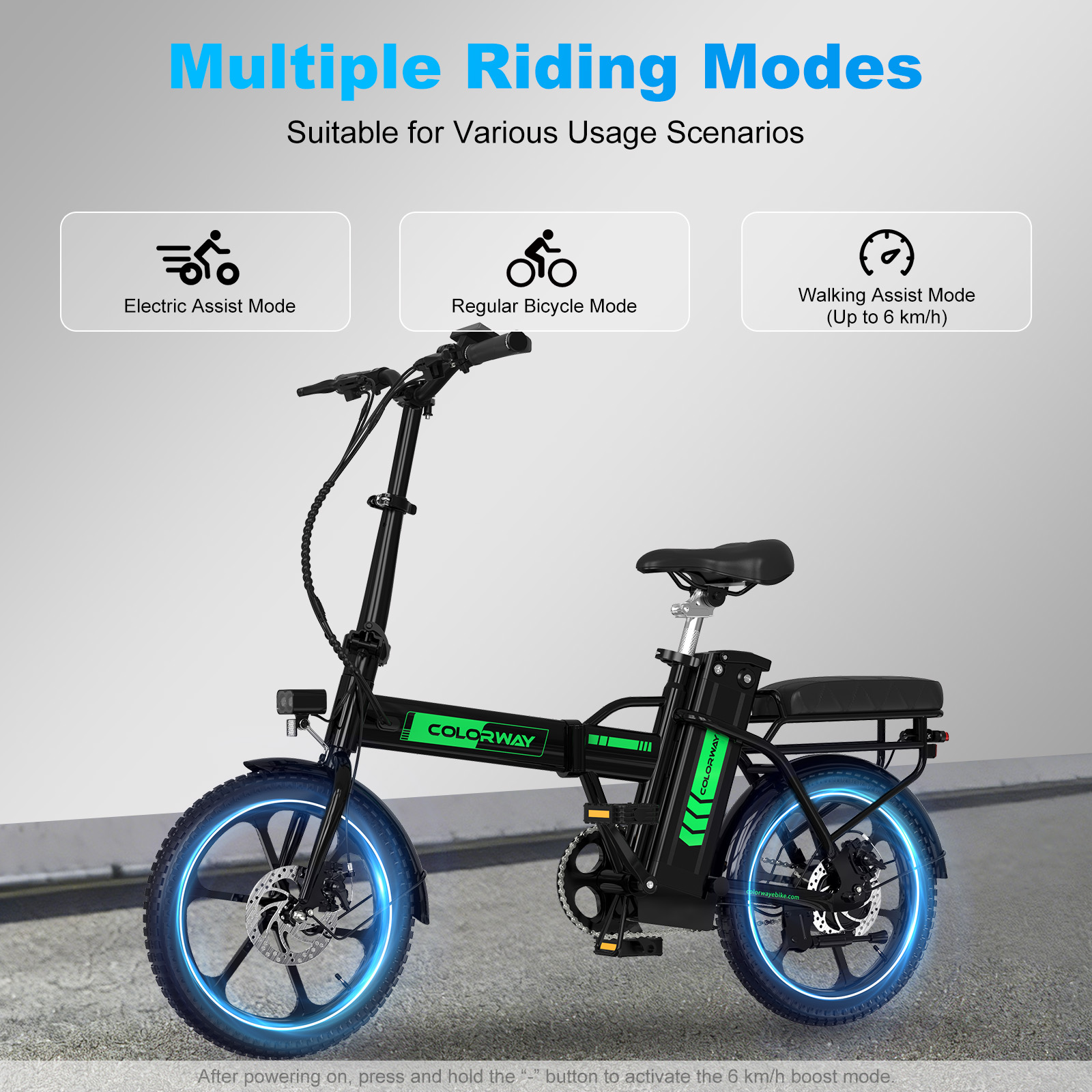 Bicicletta elettrica nera con tre modalità di guida. Il testo dice 'COLORWAY'. Le ruote hanno la luce blu.