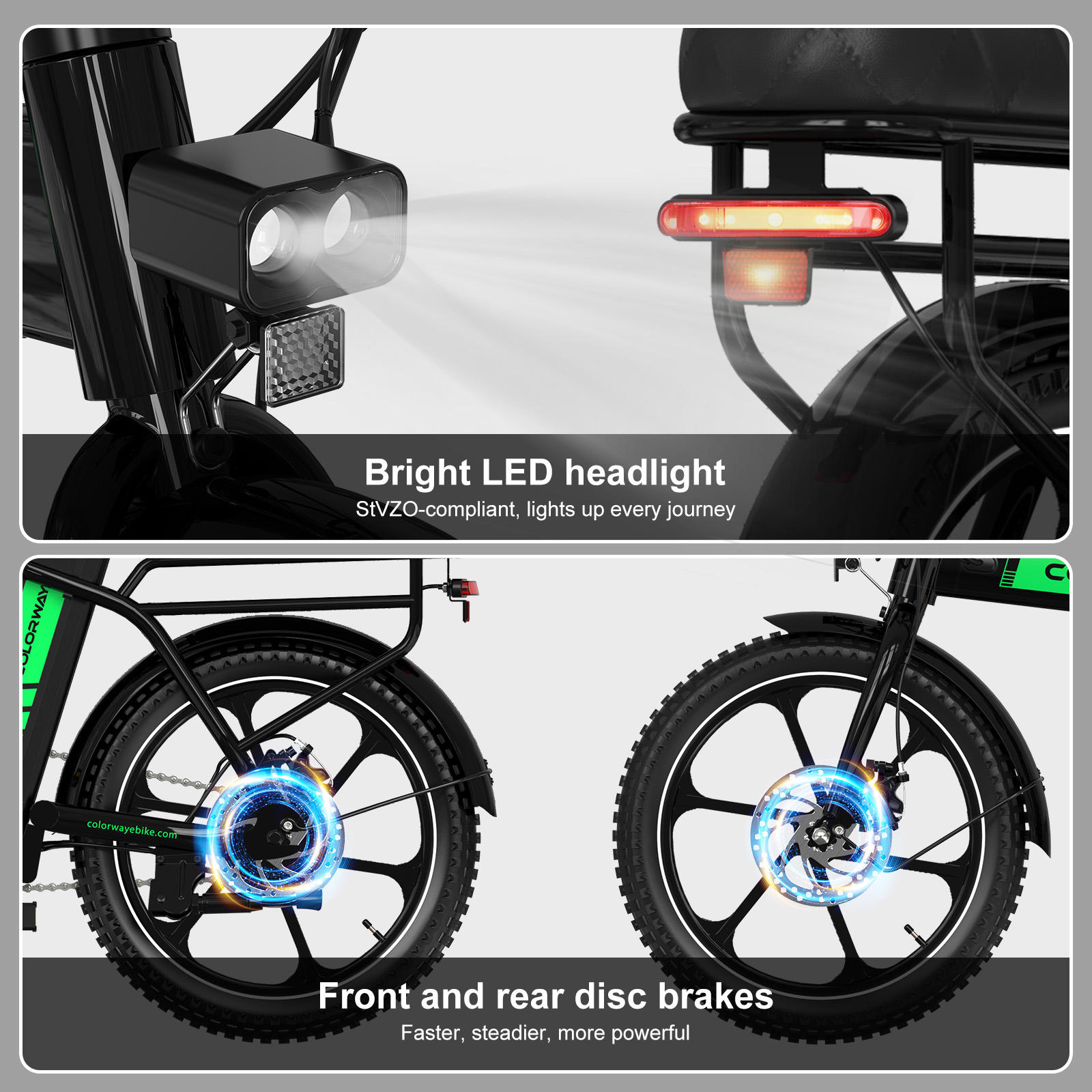 L'immagine mostra parti di una e-bike, tra cui un faro a LED luminoso, fanale posteriore e freni a disco.