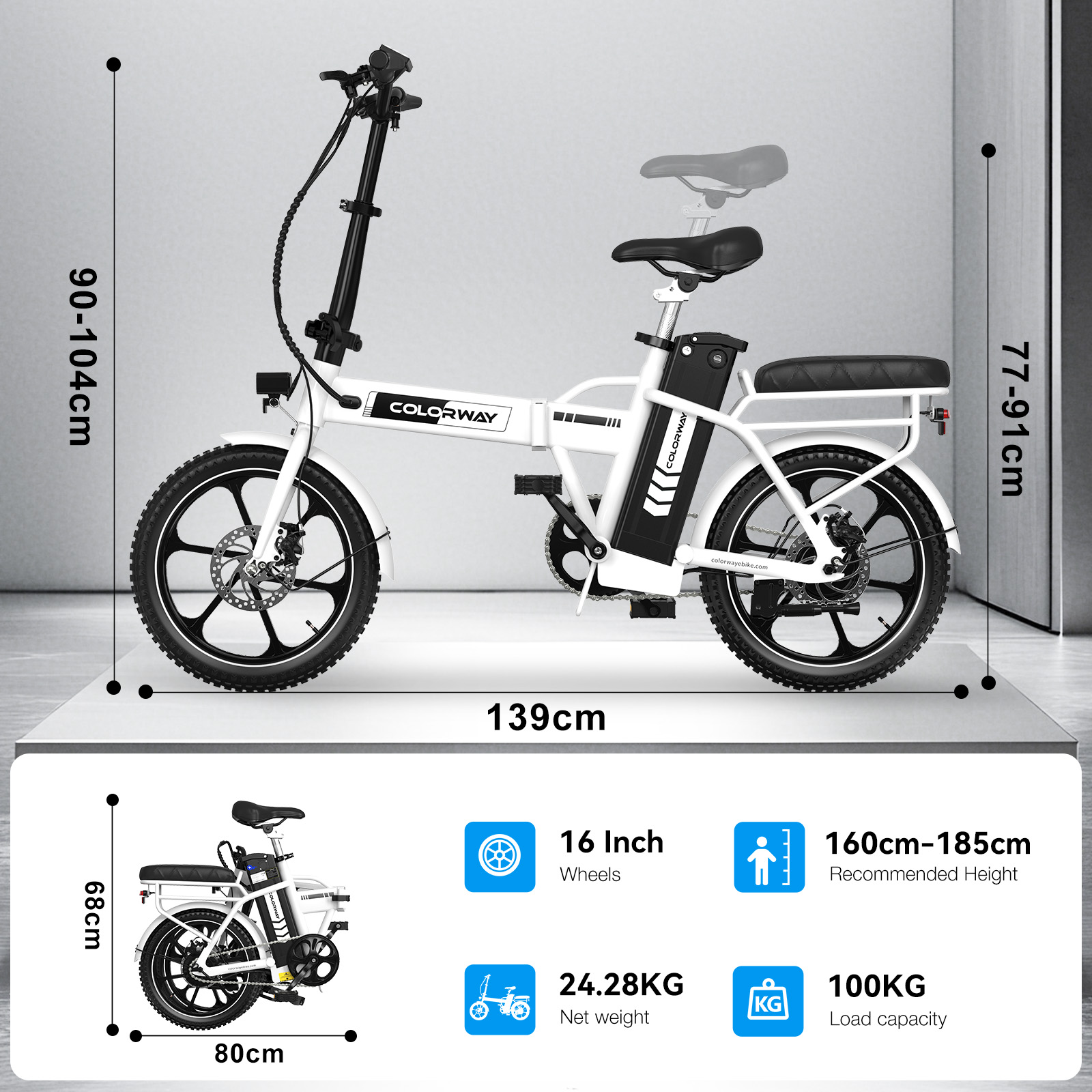 Biały rower elektryczny z czarnymi kołami i detalami. Wymiary i specyfikacje są wyświetlane wokół roweru.